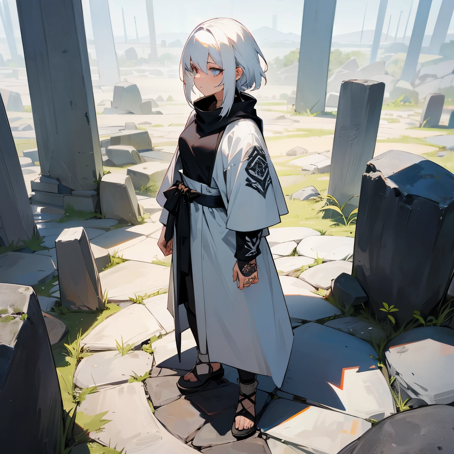 Black Cowl , White Hair , Tattoos , 1female , Standing on stone path