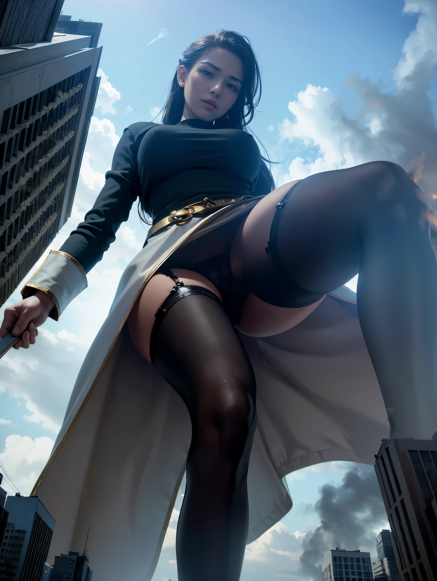 "A tall giantess wearing a casual top. Her toned physique and athletic figure hint at her immense strength. She seems to be strolling leisurely in the bustling street scene of GTS City, Towering buildings loom overhead. Smoke and clouds billowed around her, Adds epic scale and drama. dim lights, gloomy, and realistic, build tension、Ominous atmosphere. The perspective is from below, Emphasizing the absolute majesty and power of the giantess."