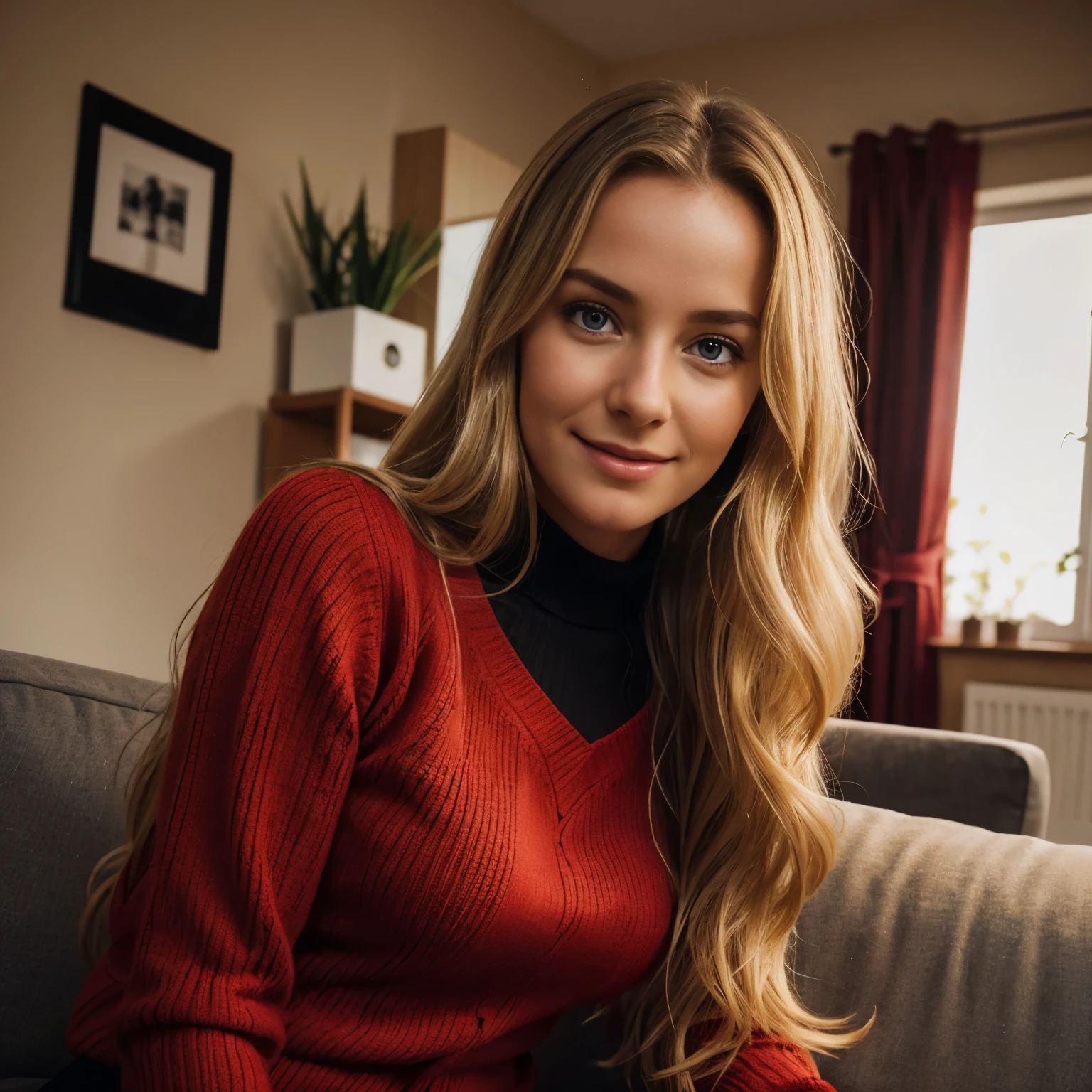 Beautiful blonde with long wavy hair, She is wearing a long red sweater with a small neckline and black tights, Sie sitzt auf dem Boden vor einer Couch, Open your eyes, looks directly into the camera and smiles shyly, she seems shy and playful, Sie flirtet mit dem Betrachter, You can see and see her whole body, The image is completely brightened, sehr detailliert, including realistic hands and hair, fotorealistisch, Echte Hand