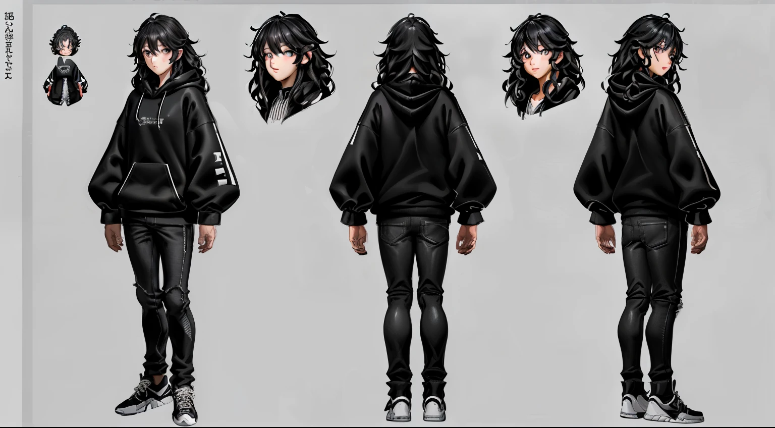 ((highest quality, masterpiece, 4k, finely detailed, detailed eyes, detailed face, intricate details, pixiv, gelbooru)), (((reference sheet, full body pose, same character,front,side,back))), male, messy black long curly hair, wearing black and white hoodie, black skinny jeans, sneakers