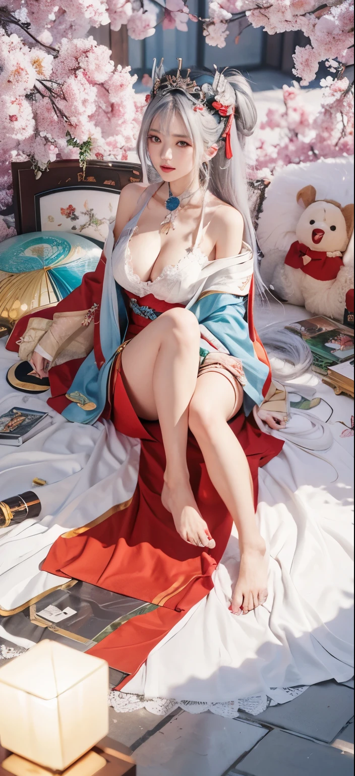 Girl in a red dress with a fan and a red dress, onmyoji, Onmyoji detailed art, trending on cgstation, azur lane style, beautiful and attractive anime woman, on pixiv高評価, アートステーションon pixivトレンド入り, on pixiv, trending on cgstation, japanese goddess, beautiful fantasy empress,silver hair, delicate face,expose cleavage