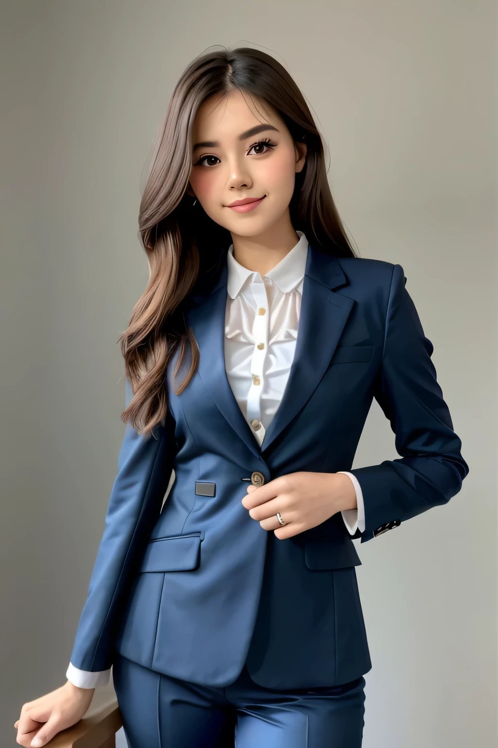 25years old beautiful-looking girl little smile, stylish suit ,(( one standing Celeste Verona looking at camera)), simple one colour background