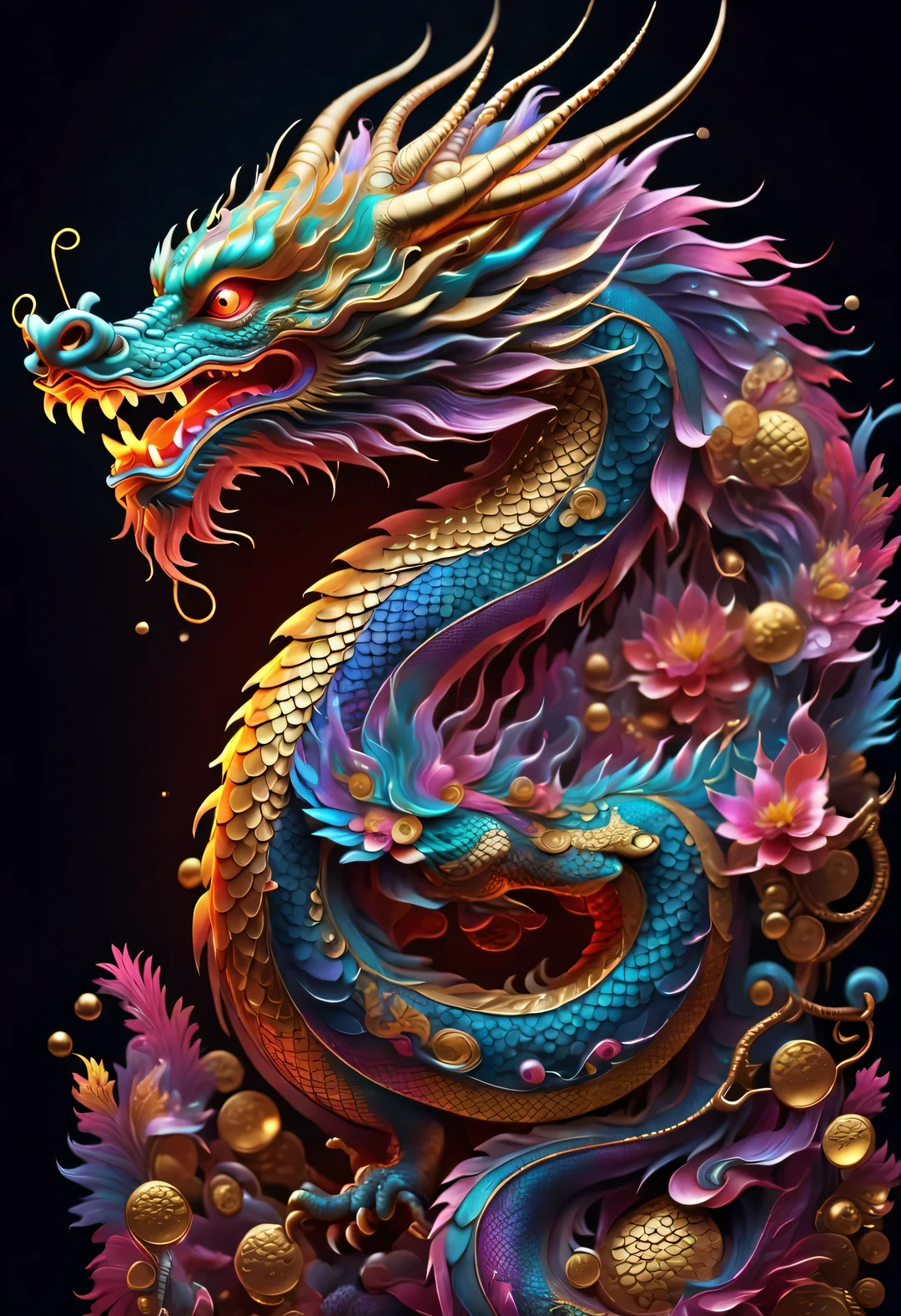 Chinese dragon portrait, (colorful,high detail,vector art)，（Background gold coins heavy rain neon light technology laser）