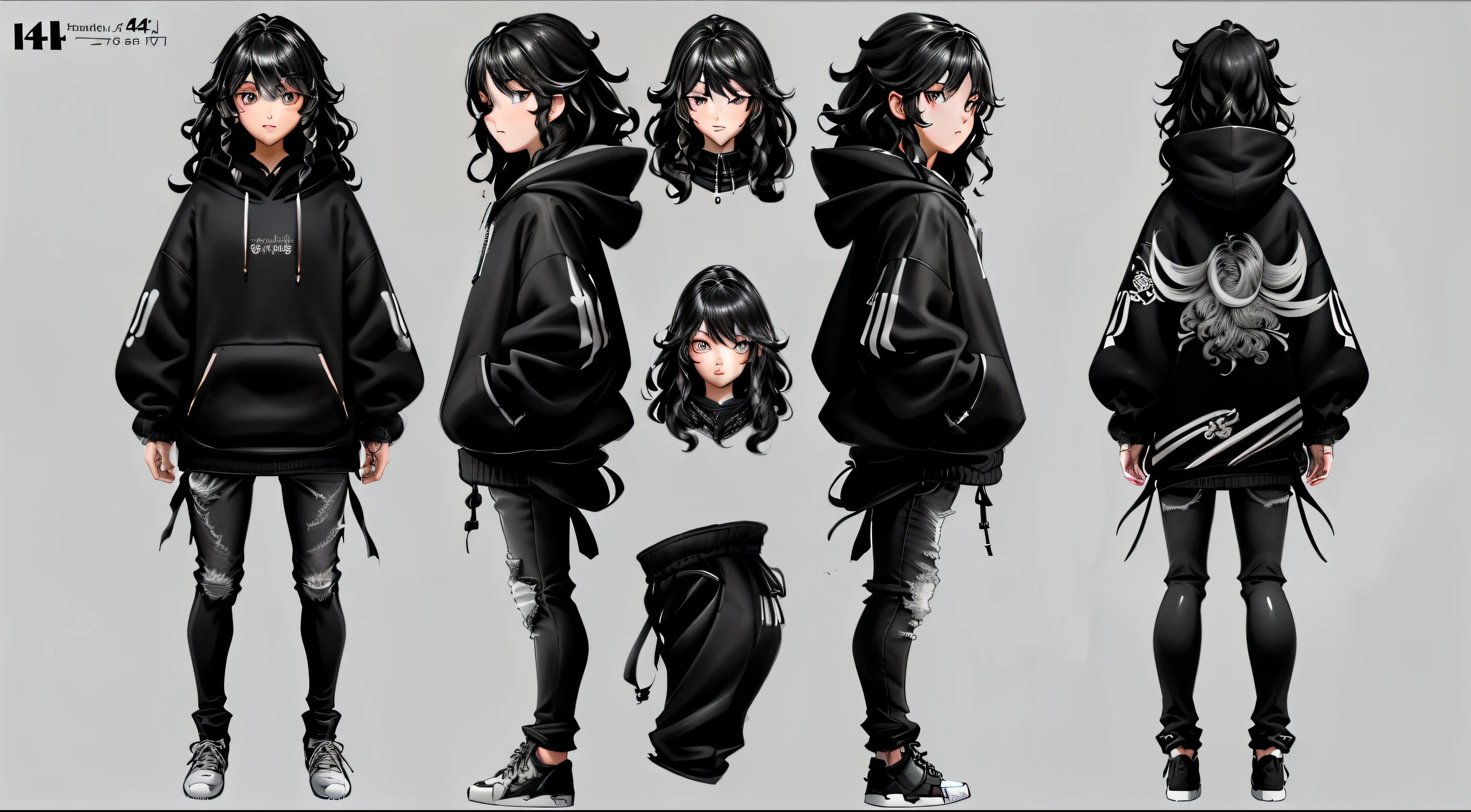 ((highest quality, Meisterwerk, 4K, fein detailliert, detaillierte Augen, detailliertes Gesicht, Komplizierte Details, pixiv, gelbooru)), (((Referenzblatt, Ganzkörperhaltung, Gleicher Charakter,Vorderseite,Seite,back))), masculine, unordentliches schwarzes langes lockiges Haar, wearing a black and white hoodie, black skinny jeans, Turnschuhe