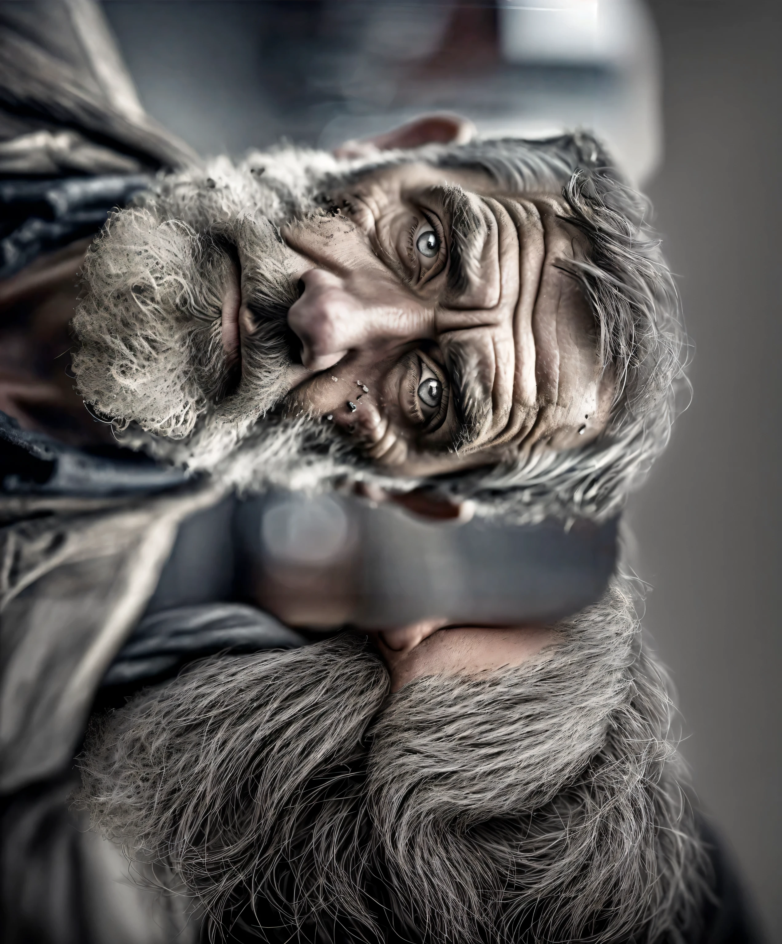 there is a man with a beard and a scarf on, ultra detailed portrait, inspired by Lee Jeffries, highly realistic digital art, gritty portrait, old man portrait, realistic portrait photography, hyper realistic digital art, hyperrealistic digital art, ultra realistic digital art, ultrarealistic digital art, by Joze Ciuha, wideangle portrait, hyper realistic photography