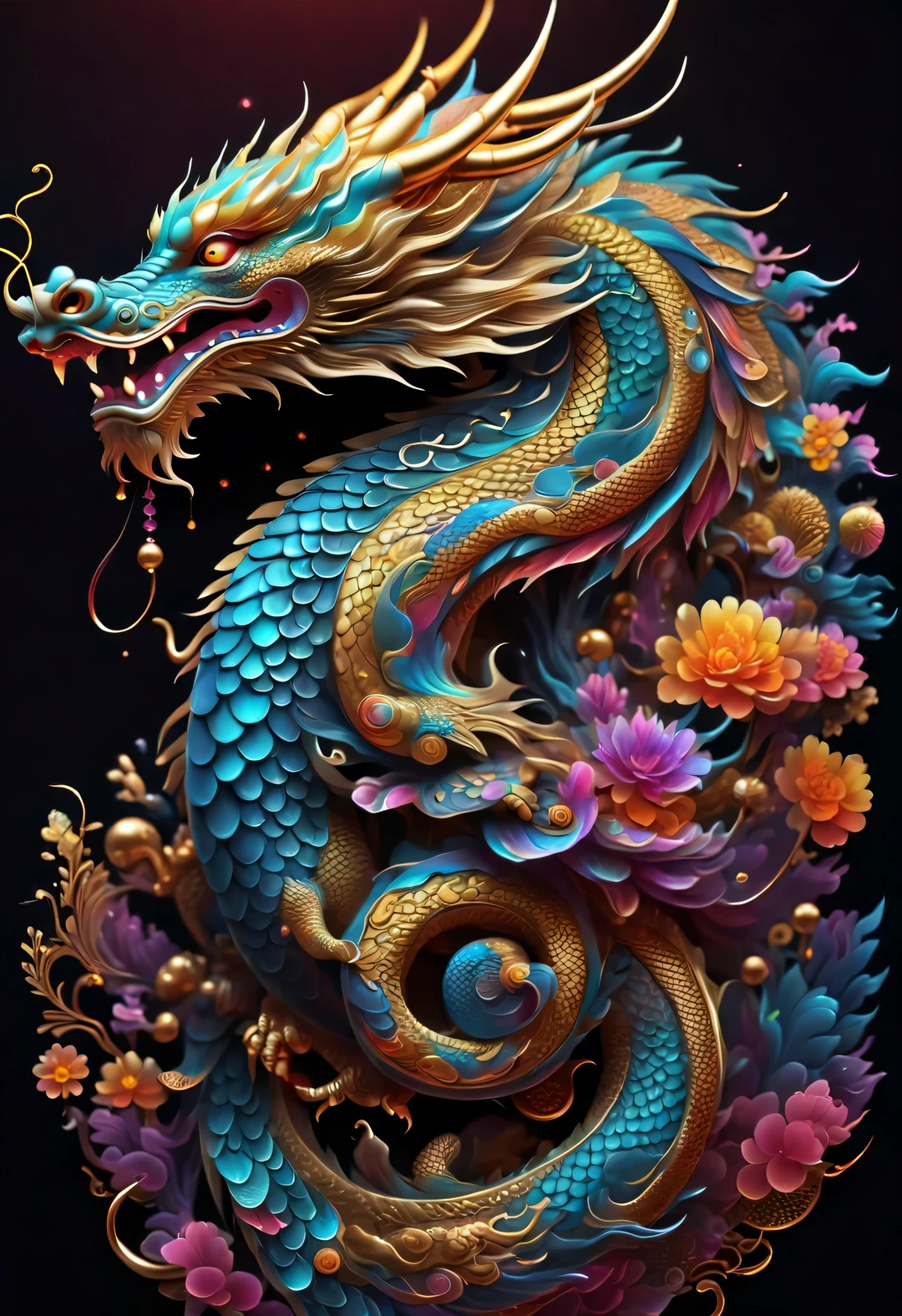 Chinese dragon portrait, (colorful,high detail,vector art)，（Background gold coins heavy rain neon light technology laser）