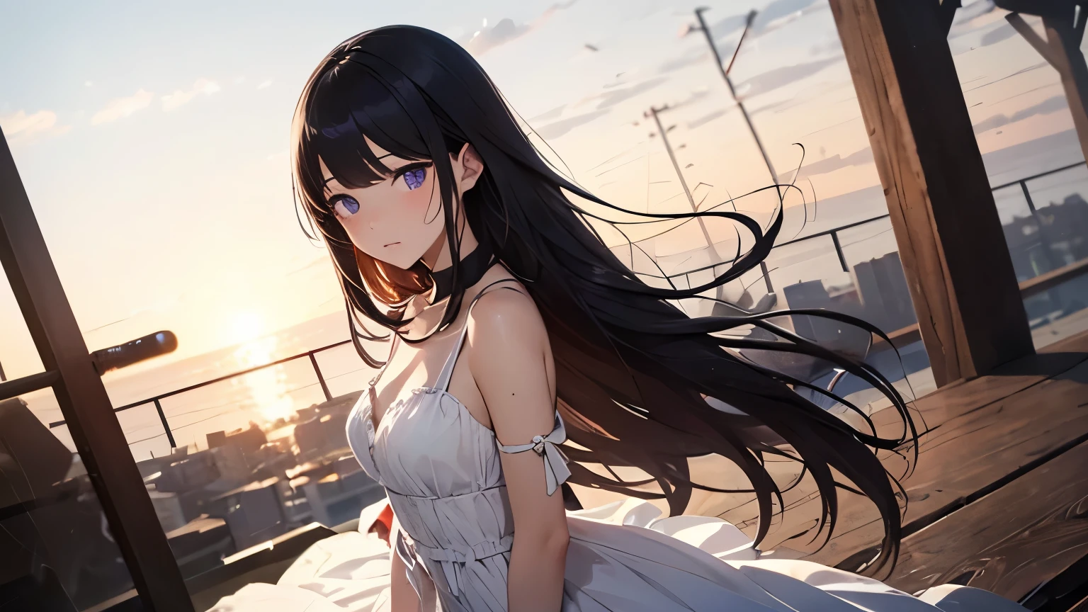 long black hair，Waist-length hair，girl，，cute，Melancholy and sadness，slim，white dress，dreamy atmosphere，light purple eyes