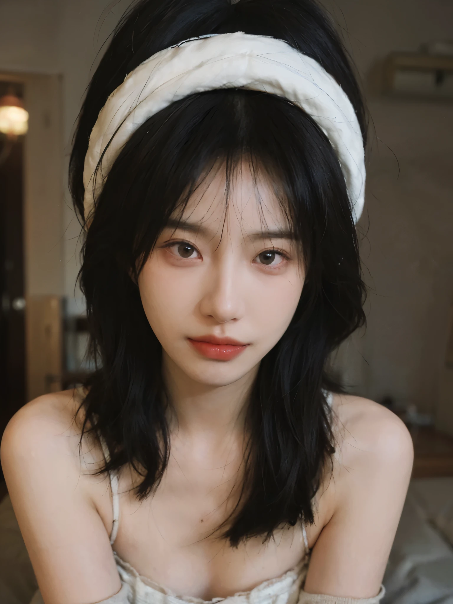 Film portrait photography, 1 girl, bare shoulders,lipstick,(flat chest:1.4), Shoulder length wavy hair, serene, calm, (Realistic and detailed eyes, natural skin texture, Realistic facial details), Soft dramatic lighting, depth of field, Bokeh, Vibrant details, detailed meticulous, hyper-realistic, 35mm film, hazy, ,
