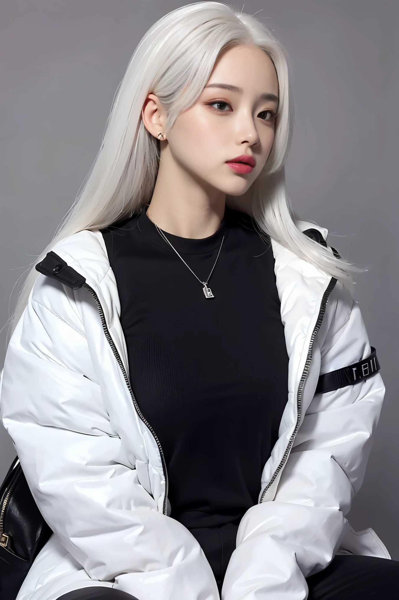 realistic, High resolution, 1 female, glowing skin, alone, wide lips,long hair,straight hair,saggy breasts,small face,white hair,Color Contacts,Black down jacket,Sweat pants,up angle,Purse your mouth,Kissing mouth