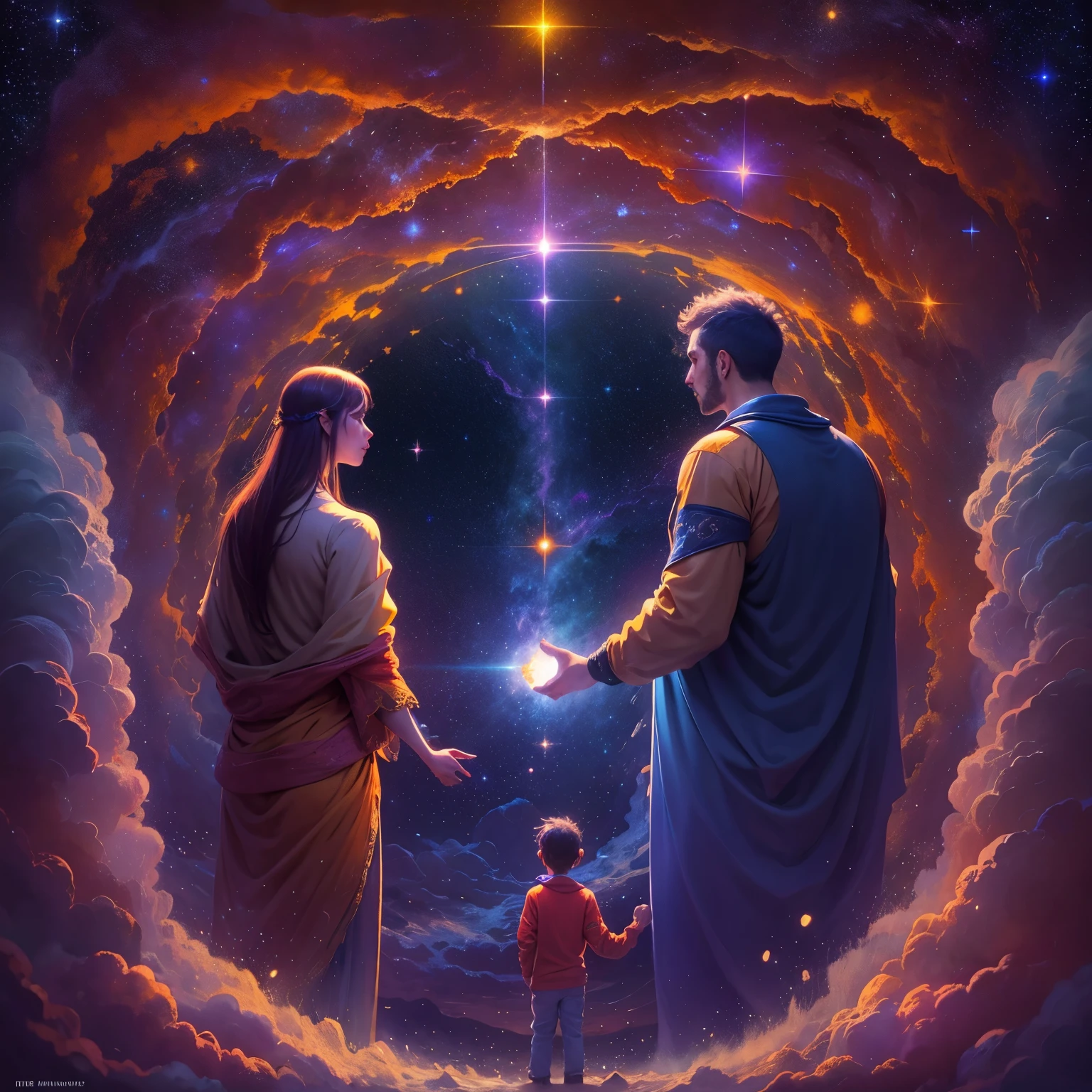 Imagine a spiritual representation where mother, father and son are united, holding hands, immersed in a spiritual existence with luminous tones predominant in red and blue. Esta cena, emocionante e bela, deve ser visualmente impressionante, with stunning detail in 8k resolution.
In the immensity of a starry night sky, com planetas, comets and an entire galaxy, visualize realidades superiores e conceitos elevados, that transcend mathematics, a filosofia,