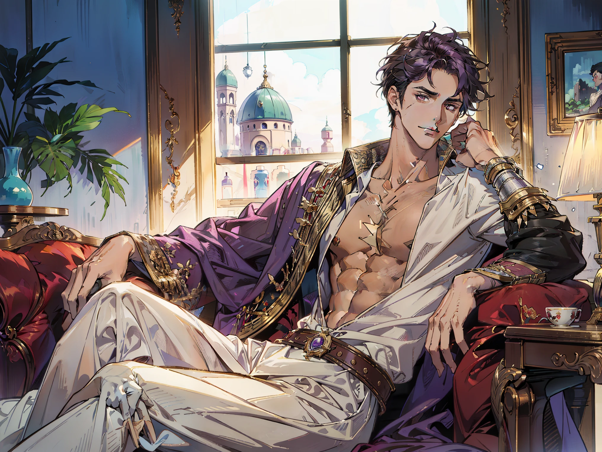 (masterpiece, best quality:1.2), (H, high resolution, Super detailed), 1 male, aldult, Handsome, tall muscular man, broad shoulders, portrait, looking at the audience, alone, Detailed background, Detailed face, high fantasy,Detailed face, Perfectly detailed hands, light purple hair, purple eyes,((fluffy long hair)),Open clothes expose chest muscles, ((Brown complexion)),(Bronzed skin),(Arab prince),Silk clothing, Sitting elegantly on the retro sofa