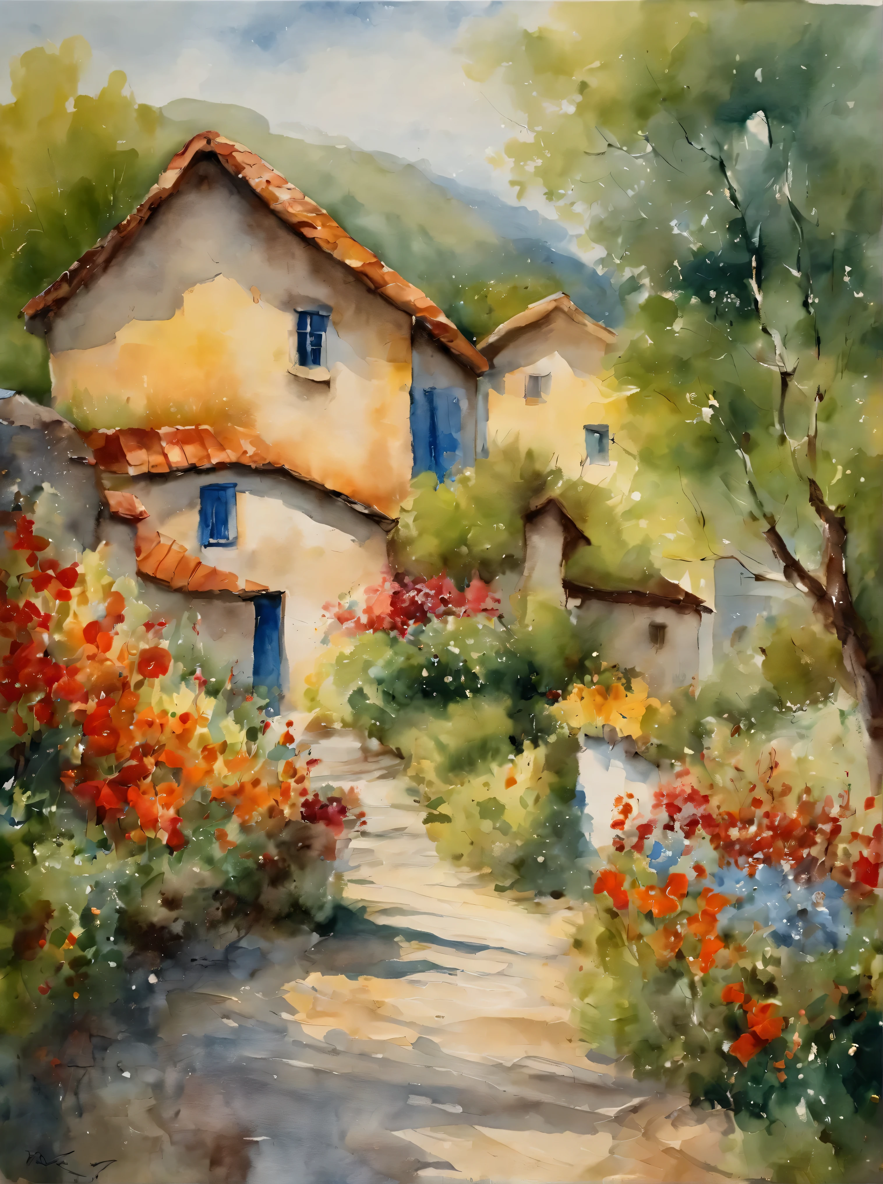 Charming 100% Reverse Watercolor This is a vibrant watercolor depicting a rural or rural scene. The artwork is characterized by its fluidity, Loose, bright brush strokes, Expressive colours. in the foreground, There is a lush cluster of flowers with pink and red petals, Interspersed with green foliage, Which adds a sense of depth and liveliness to the scene.The middle plot shows a path or road leading to a pair of houses. The houses feature orange roofs and light-colored walls, Maybe white or yellow, With blue shutters, Which suggests a warm and sunny environment. The path seems to be bathed in sunlight, As indicated by the warm yellow undertones.In the background, There are hints of trees and perhaps a hill or mountain, Painted in cool blue and green colors, Which contrasts with the warmth of the rest of the painting. The sky is suggested by washes of blue and white, Which gives the impression of a clear day with some clouds.Total, The painting evokes a feeling of peace