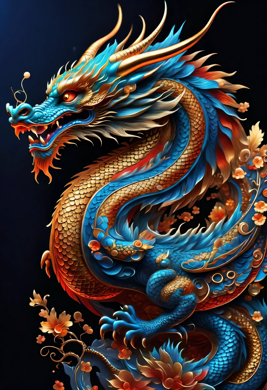 Chinese dragon portrait, (colorful,high detail,vector art),Background blue orange red and gold coins heavy rain neon light technology laser