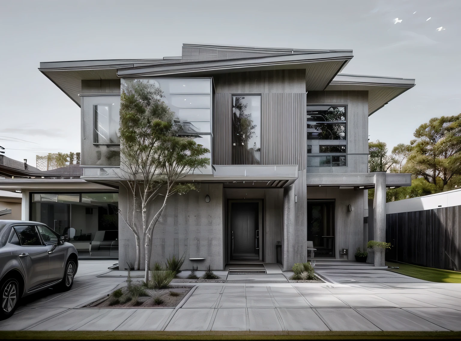 Color photo of a modern and simple gray Midcentury house.. The home exudes an air of luxury and sophistication with its sleek lines., Clean design, and a neutral color palette.. The exterior of the house is painted a beautiful gray., which complements the surrounding landscape perfectly. Large windows allow plenty of natural light to flow inside., Create a bright and airy atmosphere.. architectural details, such as a flat roof, angular shape, and minimalist gardening, Add contemporary beauty to the overall home.. This gray Midcentury home is a timeless masterpiece., Blends seamlessly with the environment.
