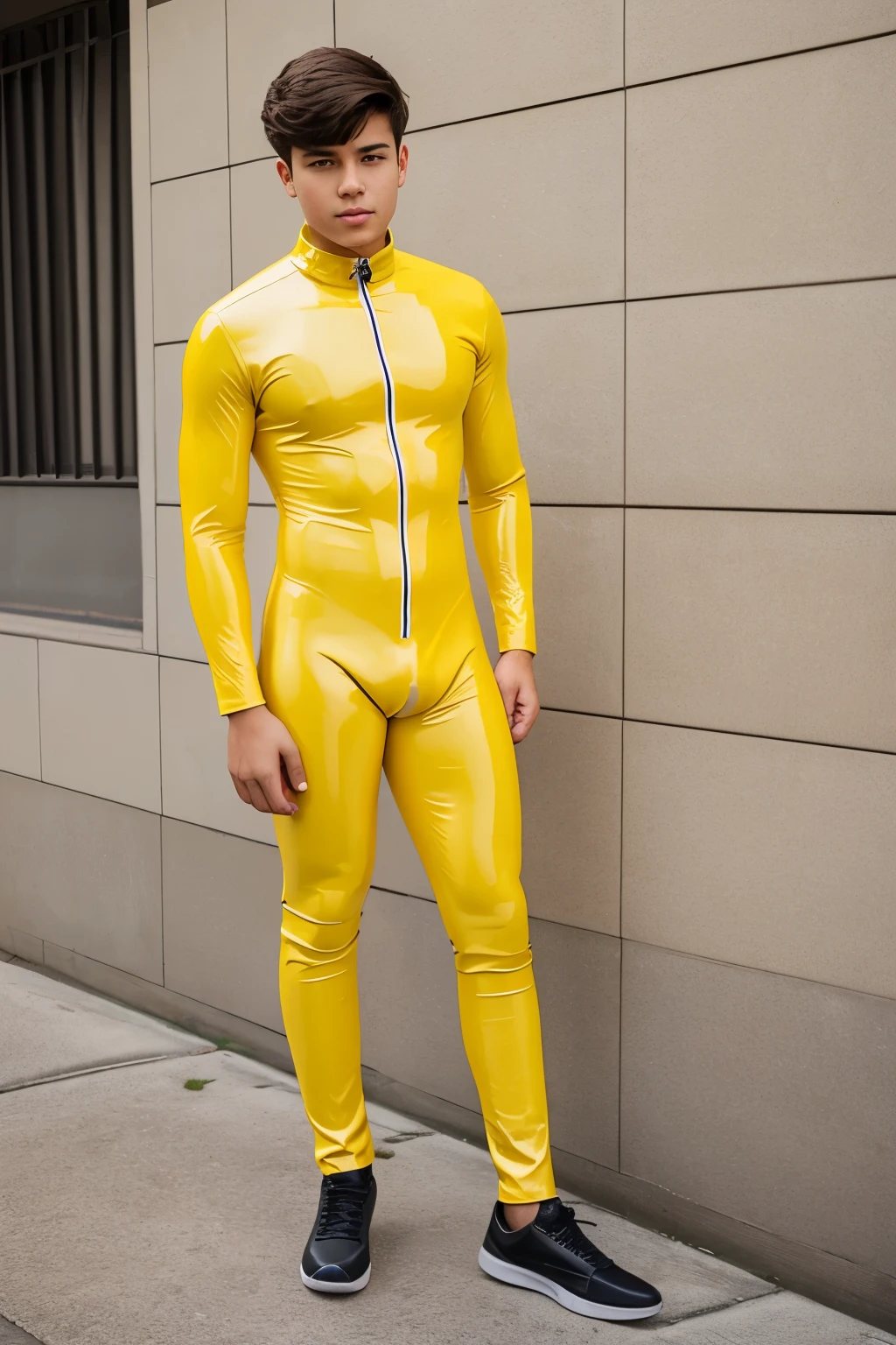A high school Boy wears a tight yellow latex catsuit