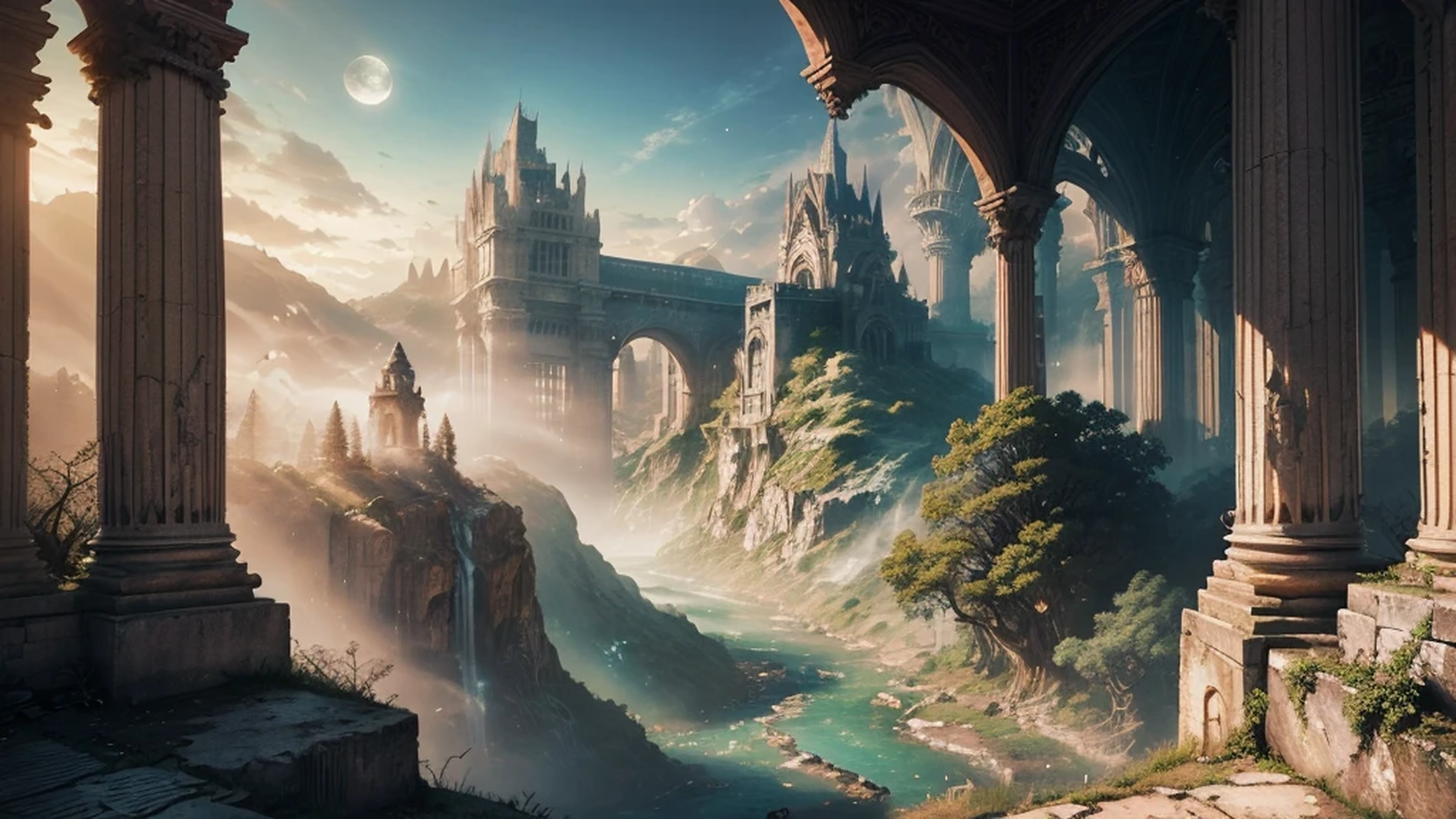 Bela paisagem exuberante, large buildings in ruins, huge ruined bridges, great castles in ruins, templos e colunas antigos e grandes, sky with dense clouds, sol, Lua, floresta com grande, colorful trees, cachoeiras, lindo rio com pedras, campo de profundidade, global illumination, hiper-realista, Efeito vidro quebrado, sem fundo, splendid, algo que nem existe, Being mythical, energia, molecular, Texturas, iridescente e luminescente, breathtaking beauty, pure perfection, Divine Presence, unforgettable, Impressionante, breathtaking beauty, volumetric light, auras, raios, cores vivas refletemlight, auras, raios, cores vivas refletem, aquarela, oil color, trends on artstation, sharp focus, studio photo, detalhes intrincados, altamente detalhado,