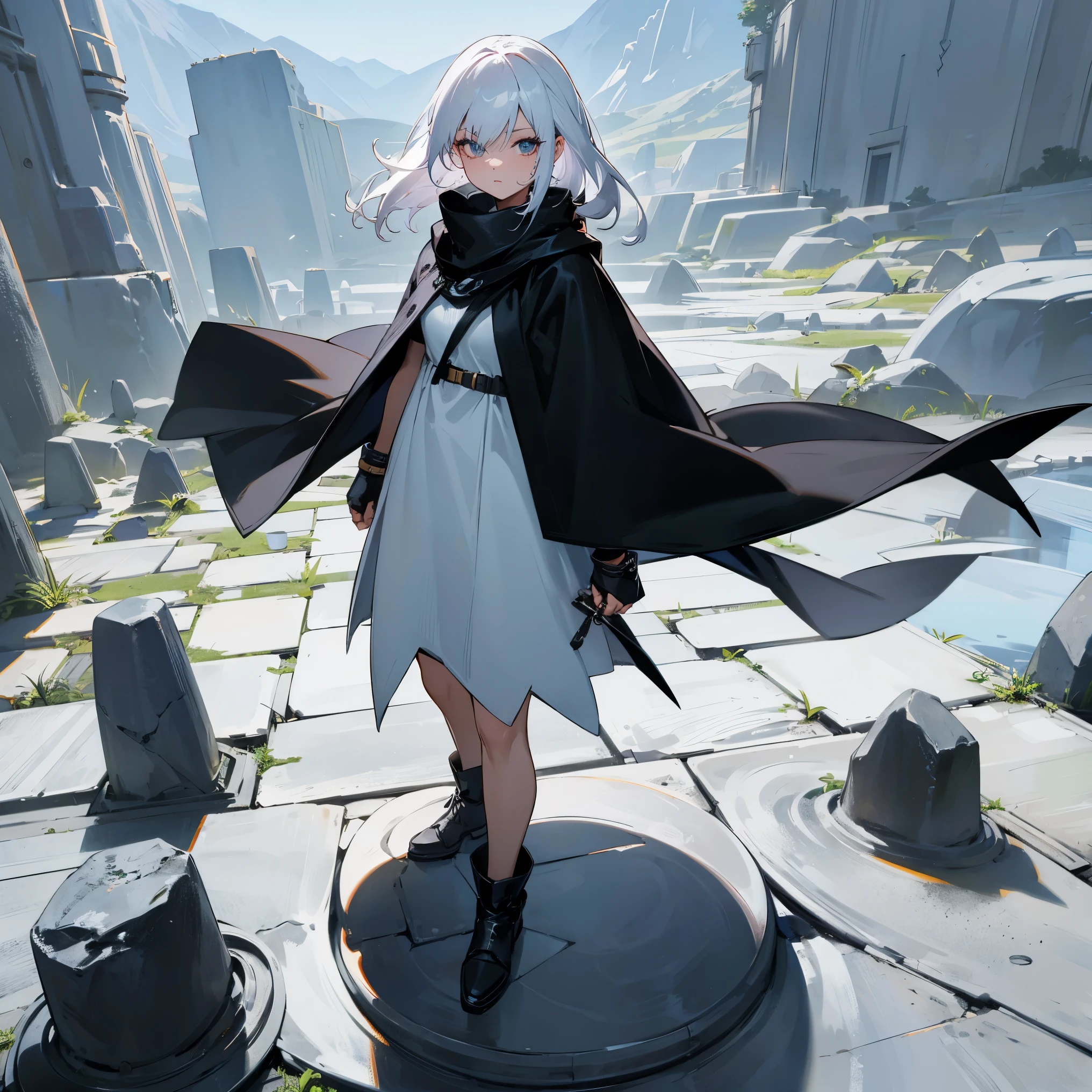 Black Cowl , White Hair , Tattoos , 1female , Standing on stone path