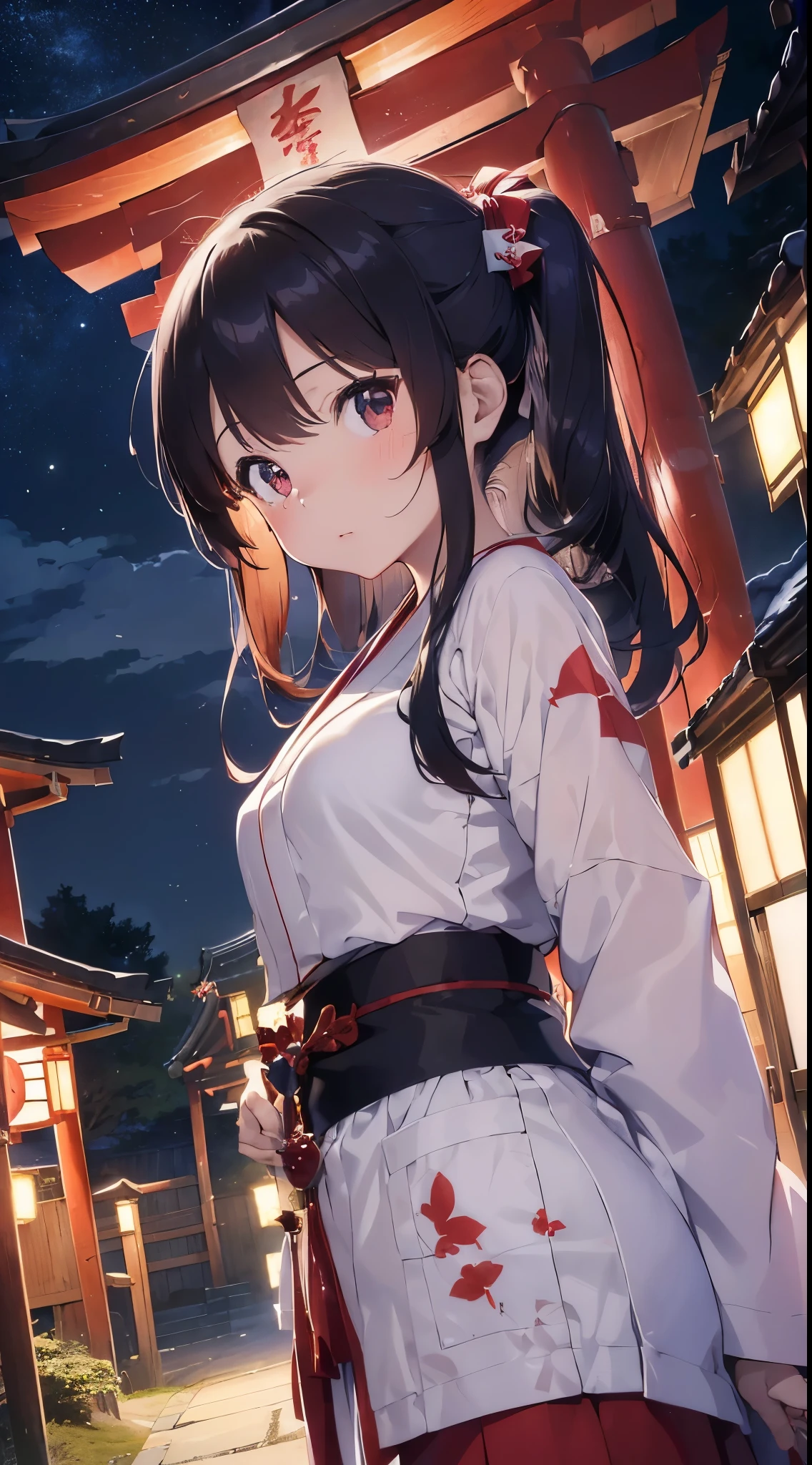 ((beauty of japan、shrine maiden、17 years old、Beautiful woman:1.5、cute、spotless、night scene、Yuki)、write、Shyness、slightly red cheeks)、shrine