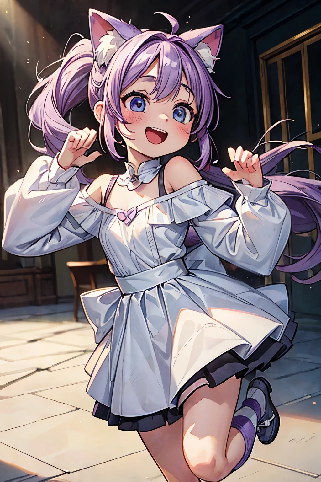 ((Masterpiece)), ((best quality)), (Photorealsitic:1.3), (super detailed), (standing on one leg), blush, open mouth and laughing, 1girl, cute age girl, (), (Vibrant Pose), (put on cat ears), messy long ponytail, pale purple hair, cute eyes, ((white sleeves)), (Off-shoulder long sleeves), on Polished stone floors, high res, ((beautiful eyes)),