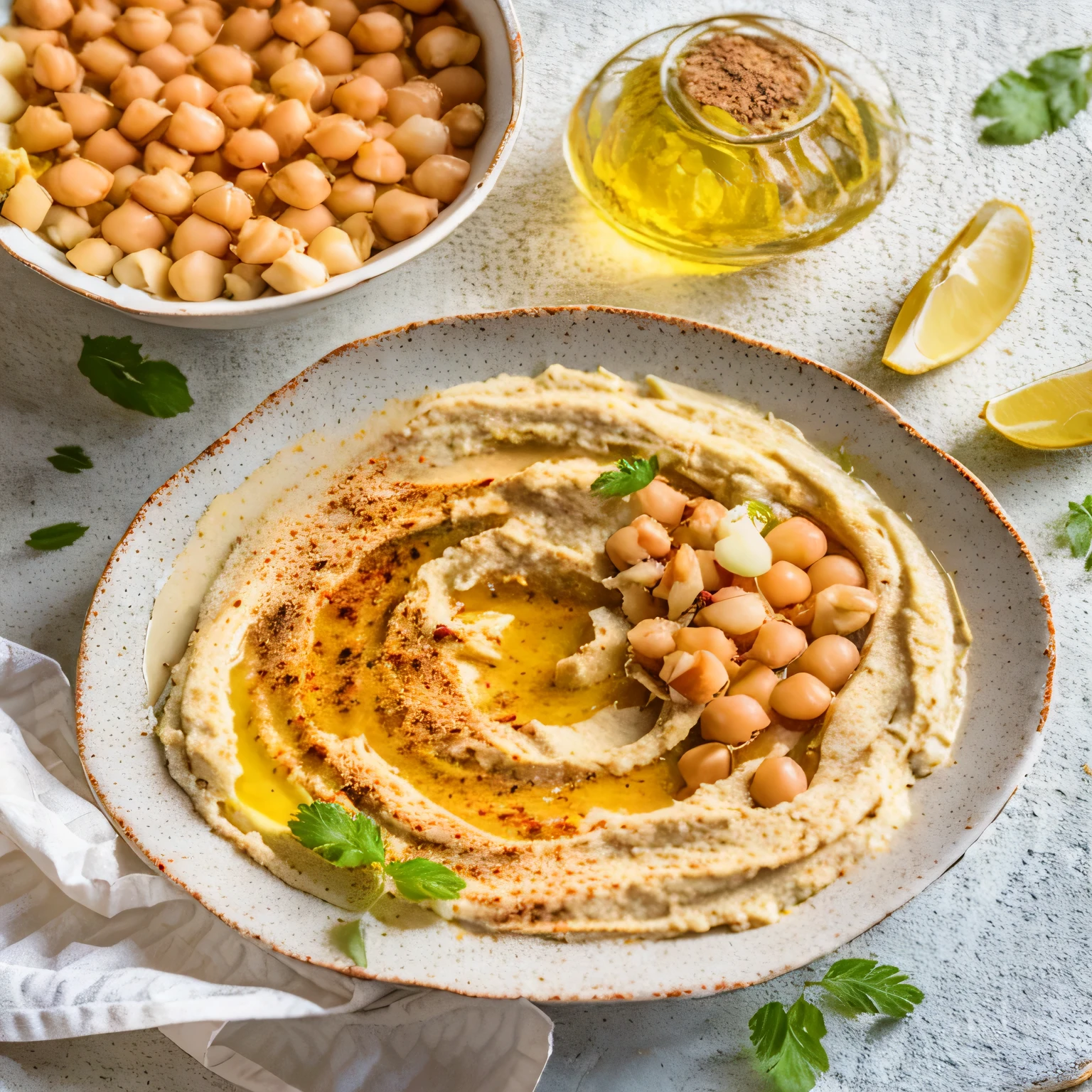 a close up of a bowl of hummusle with chickpeas and lemon, humus, middle eastern, mediterranean, mixed art, by Armin Hansen, by Caroline Mytinger, middle eastern skin, bowl filled with food, by Daniel Lieske, high quality food photography, the best, best selling, recipe, high quality product image”, high quality photos