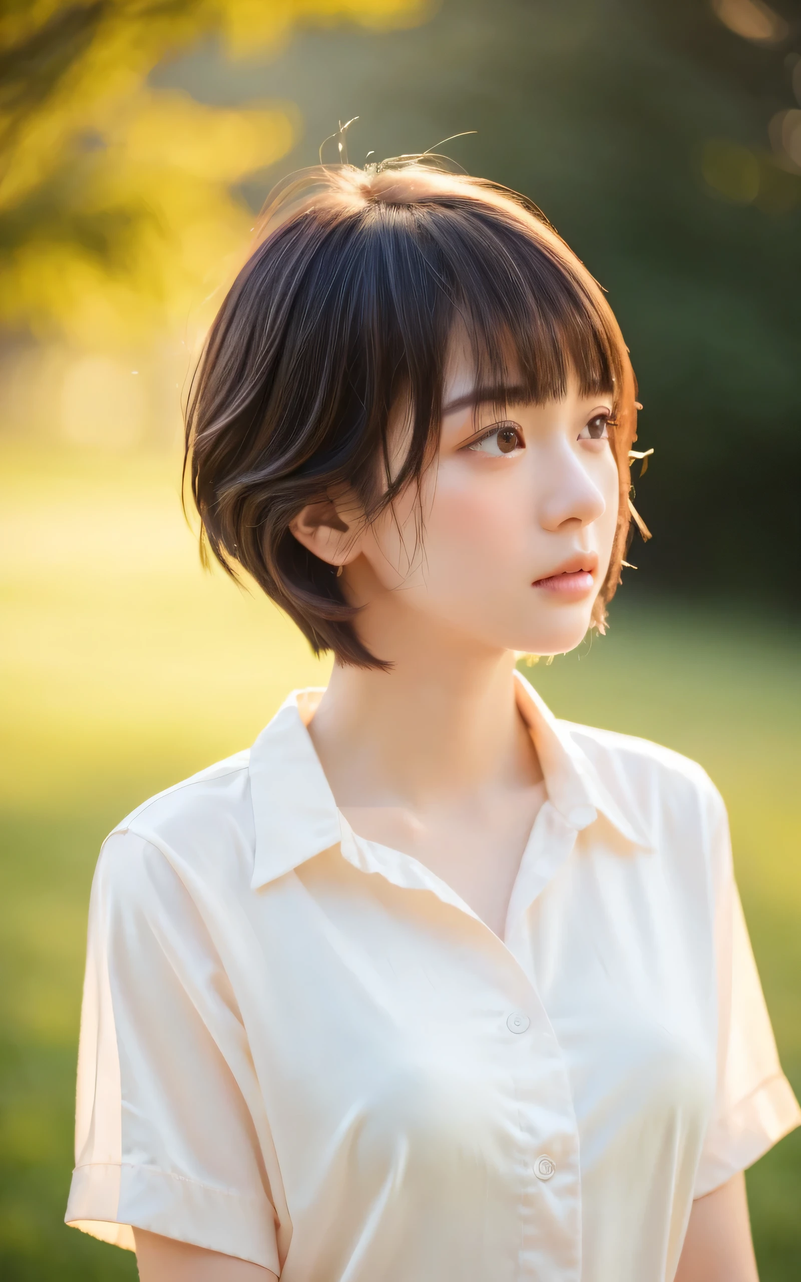 (masterpiece, highest quality, RAW photo, realistic:1.2), 1 girl, look away, sad, beautiful girl, cute, delicate girl, short hair, written boundary depth, High resolution, Super detailed, detailed, 非常にdetailedな目と顔, realistic student, sharp focus, cinematic lighting, Upper body, bangs, silk shirt,