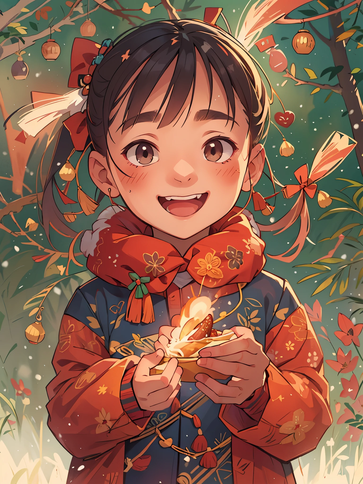 new yeareworks,child,Light firecrackers,放fireworks,outdoor,snow,(auspicious, Red),(traditional, culture),(Delightful, festive),Everyone's face radiates a soft glow.,Happy, digital illustration, Illustration poster,
