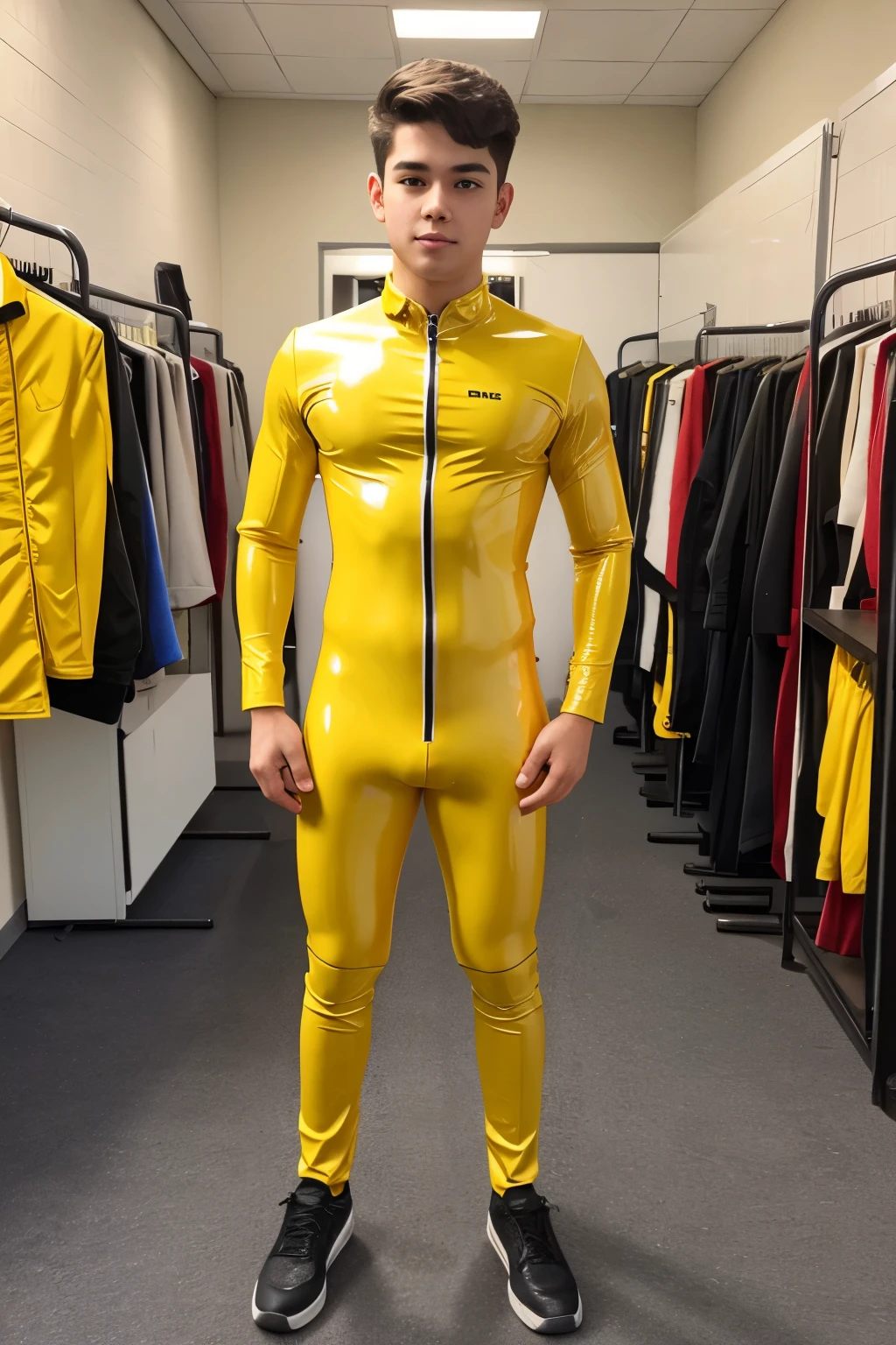 A high school Boy wears a tight yellow latex catsuit 