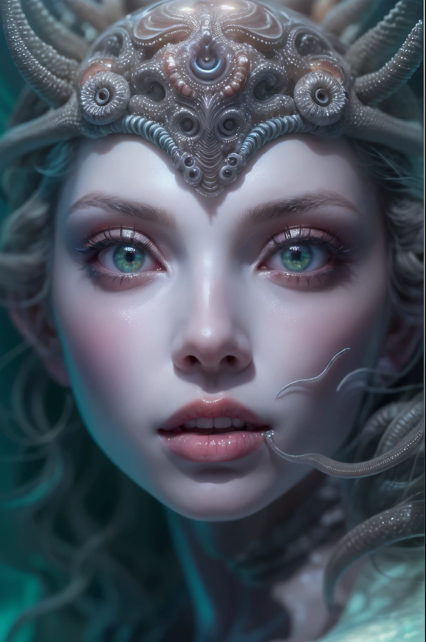 (A portrait of one beautiful and obscene female alien in the water of the deep sea, who is a young teenager:1.4), ((There is a female genital-like organ in the middle of her forehead:1.8)), (realistic face:1.2), (Numerous award-winning masterpieces, with incredible detail, textures and maximum detail), artistic photography, midnight aura, unreal engine 5, Ultra Sharp Focus, art by Amano Yoshitaka, ArtGerm, Roisch, intricate artwork, ultra realistic realism, high resolution, High freshness, drawing faithfully, official art, Unity 8K Wall paper, ultra detailed artistic photography, dream-like, Creation of fantasy, dream Snail, (biopunk nautilus:1.3),Thrilling color schemes, seductively smiling, Amazing mutation, well-proportioned body, goddess of the deep sea, fractal, Geometric pattern, impossible figures, (translucent white tentacles with luminescent organs:1.4), subtle emerald green accents, (smiling seductively:1.3),(She has the most beautiful face in the history of the universe:1.5), Penelope Cruz, (she is looking down at viewers with glowing iridescent eyes with no pupils:1.3), an evil gaze that seduces, cinematic lighting, (Vampire-like long canine teeth can be glimpsed through the gap between the cute lips:1.3), in the hall of the palace, Sweet breath is exhaling from beautiful lips, ecstatic expression