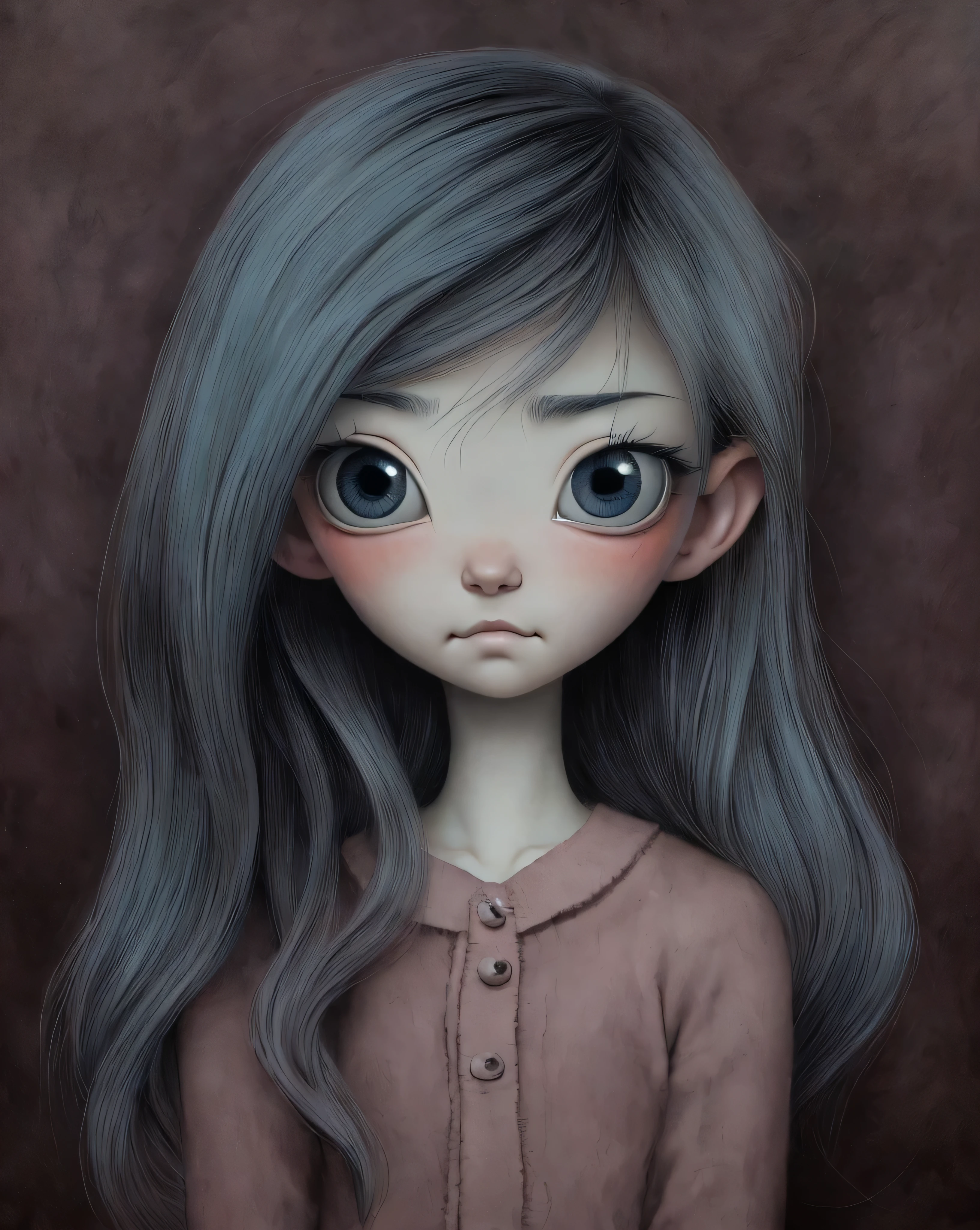 Un primer plano de una chica muy triste con el pelo largo (rubio) y los ojos grandes y azules, Anton Semenov, Mark Ryden muy detallado, Estilo Mark Ryden, Mark Ryden en el estilo de, Estilo de Mark Ryden, inspirado por Mark Ryden, Naoto Hattori, Adorable pintura digital, cara linda. DarkFantasy, Estilo Wlop Loish y Clamp, desnuda