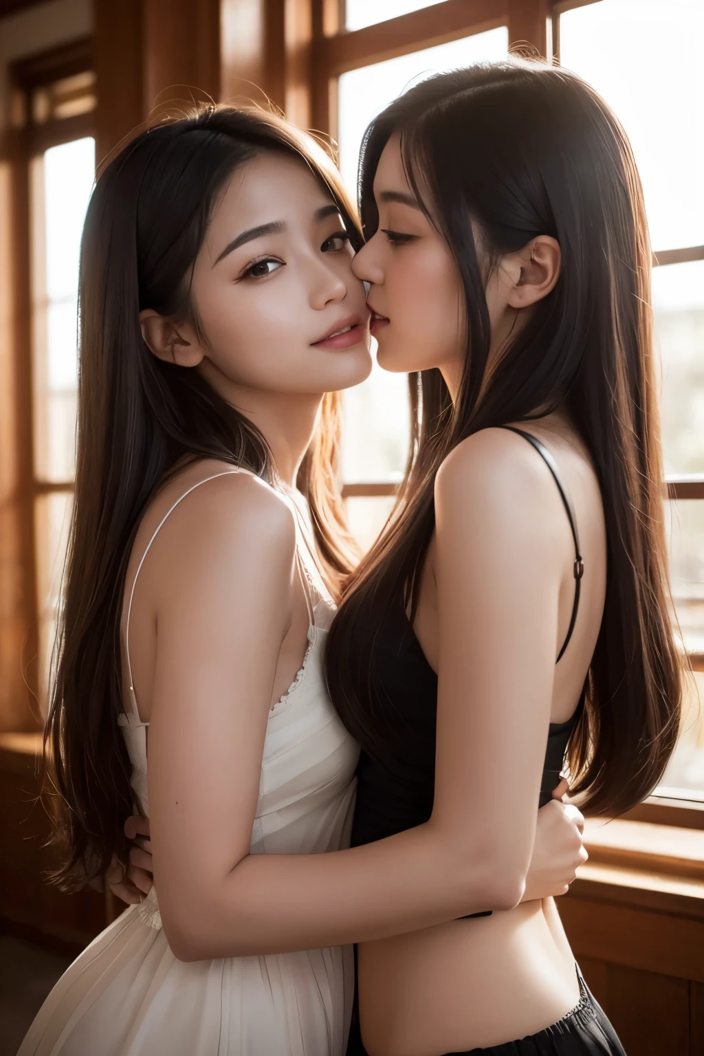 ＊((Beautiful masterpieces,: Detailed background ：1.4),(8K,Raw photo,photographrealistic:1.2),Shiny skin,Detailed skin,Detailed face,Detailed eyes,Lesbian girl obsessed with kissing、Sensual beautiful appearance,Japanese actressl,Beautiful face,Whole body、～｛Legs intertwined、The position rubs against each other's crotch and crotch、Clothing disorders、Obscene and sensual expressions、semi long hair. Black eye、