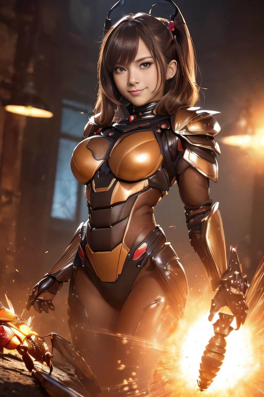 (high resolution,masterpiece,best quality,extremely detailed CG, anime, official art:1.4), realistic, photo, amazing fine details, all intricate, gloss and shiny,awesome many layers, 8k wall paper, 3d, sketch, kawaii, illustration,( solo:1.4), perfect female proportion,villainess, (fusion of dark brown cockroach and lady:1.4), (brown cockroach form lady:1.2), (brown cockroach lady:1.2), (fusion:1.2), (solo:1.4), (evil smile:1.2), muscular, abs, (cockroach brown exoskeleton bio insect suit:1.4), (cockroach brown exoskeleton bio insect armor:1.2), (brown transparency cockroach wing:1.4), (brown cockroach antennae:1.3),