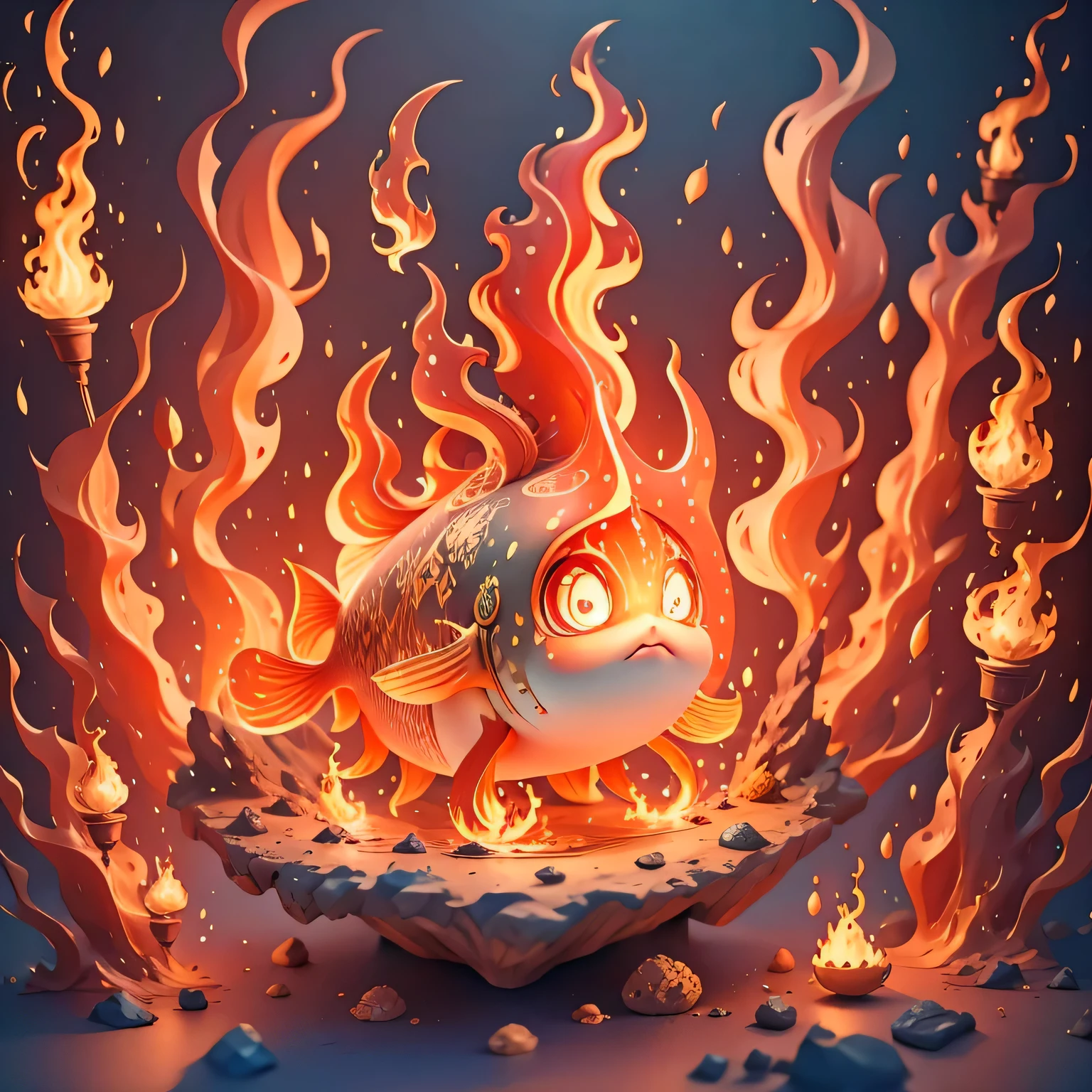 A cute fish covered in flames，There is a flame on the head，（（（Flame pattern）））in the volcano，（（（masterpiece）））， （（best quality））， （（intricate details））， （（dream style））（8k）