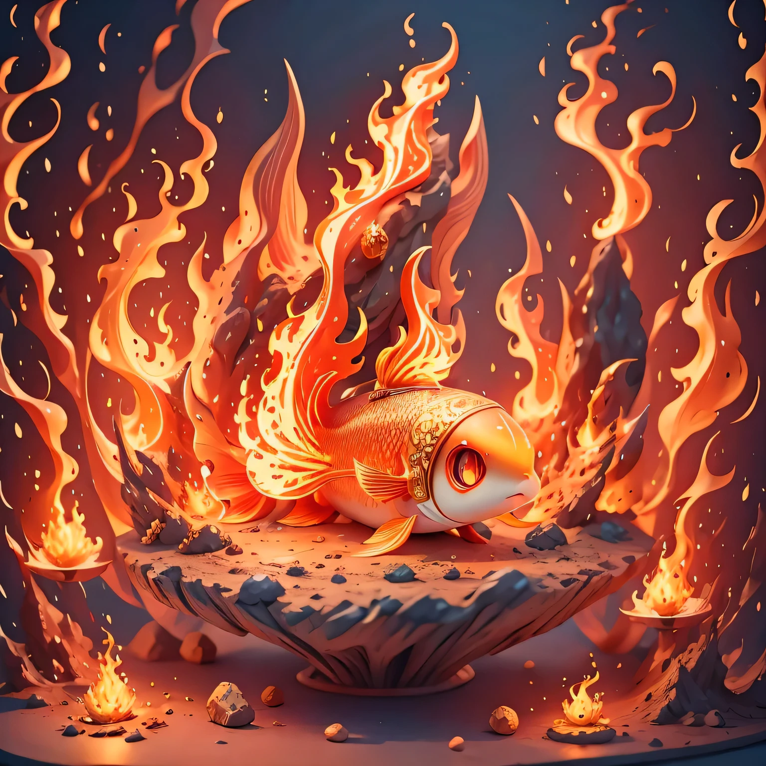 A cute fish covered in flames，There is a flame on the head，（（（Flame pattern）））in the volcano，（（（masterpiece）））， （（best quality））， （（intricate details））， （（dream style））（8k）