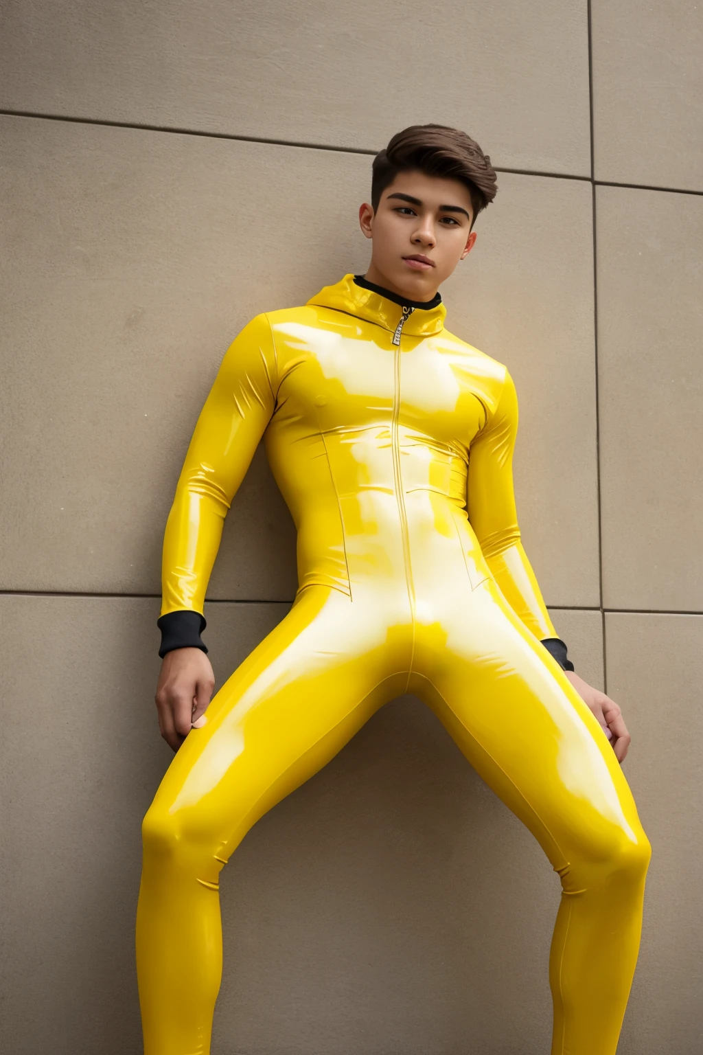 A high school Boy wears a tight yellow latex catsuit