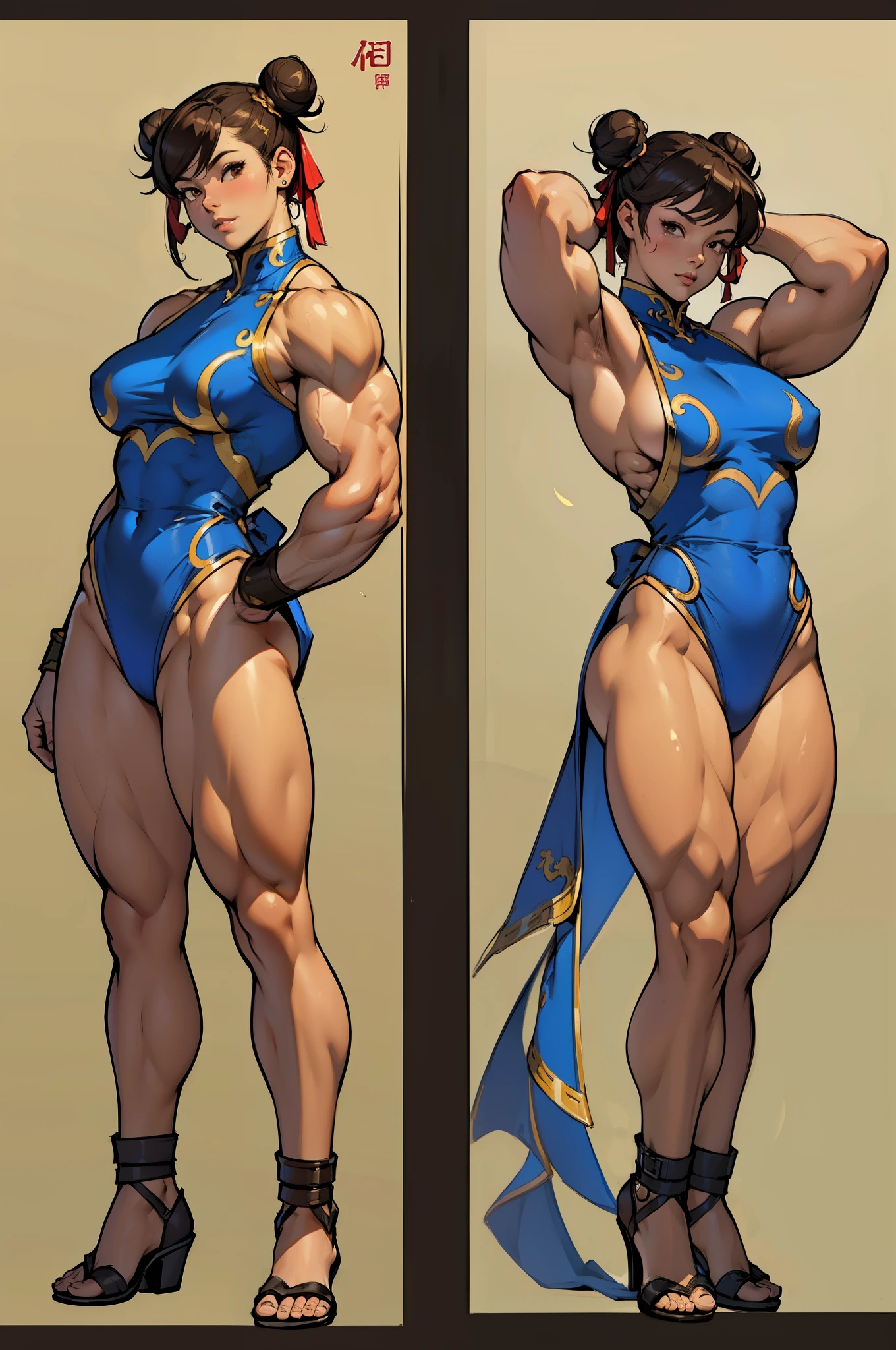 ((masterpiece)), (((best quality))), ((character design sheet)), ((full body view)) illustration,1girl, ((detailed face:1.4)) beautiful woman, ((Chun li) short brown hair, brown hair, brown eyes, double bun, hair ribbon, ((((((muscular)))))), tight dress, ((full body)), (solo), leotard, arms over head
