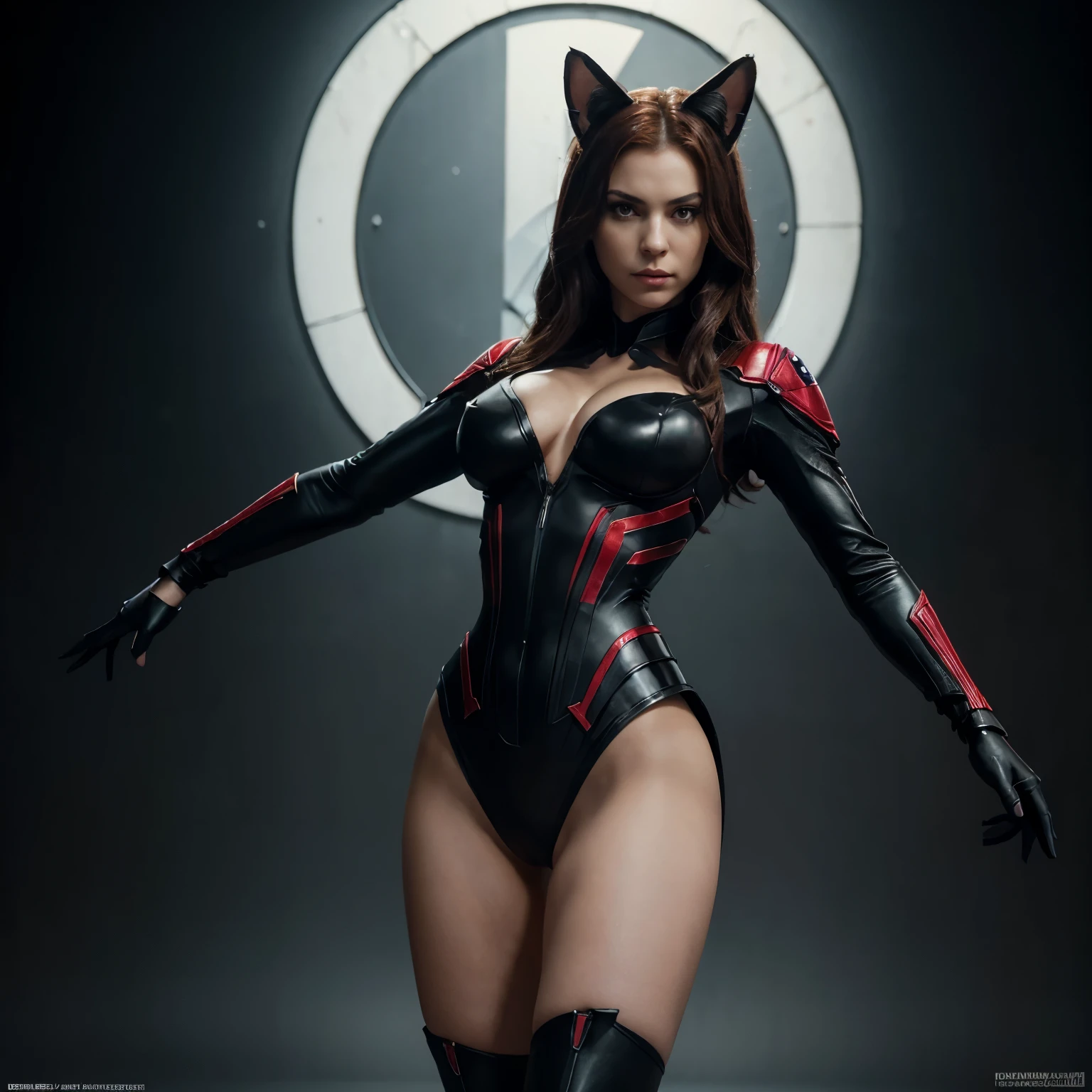Front view of full naked body visible at the feet: 1.5, Headlights: 1.5, Standing character: 1.2, very creative illustration depicting a mix of DC characters Horngirl and Marvel Black Widow, black metal cat ears, white background, illustration, in artgerm style, Highly detailed suit, red and black, symmetrical asymmetry, heavy shadow, thin waist, thin legs, thin slit, cameltoe, jan weenix, (very detailed))), ((best quality)), ((((Masterpiece)) ) , High Resolution, 8K, Anatomically Correct, Ultra HD
