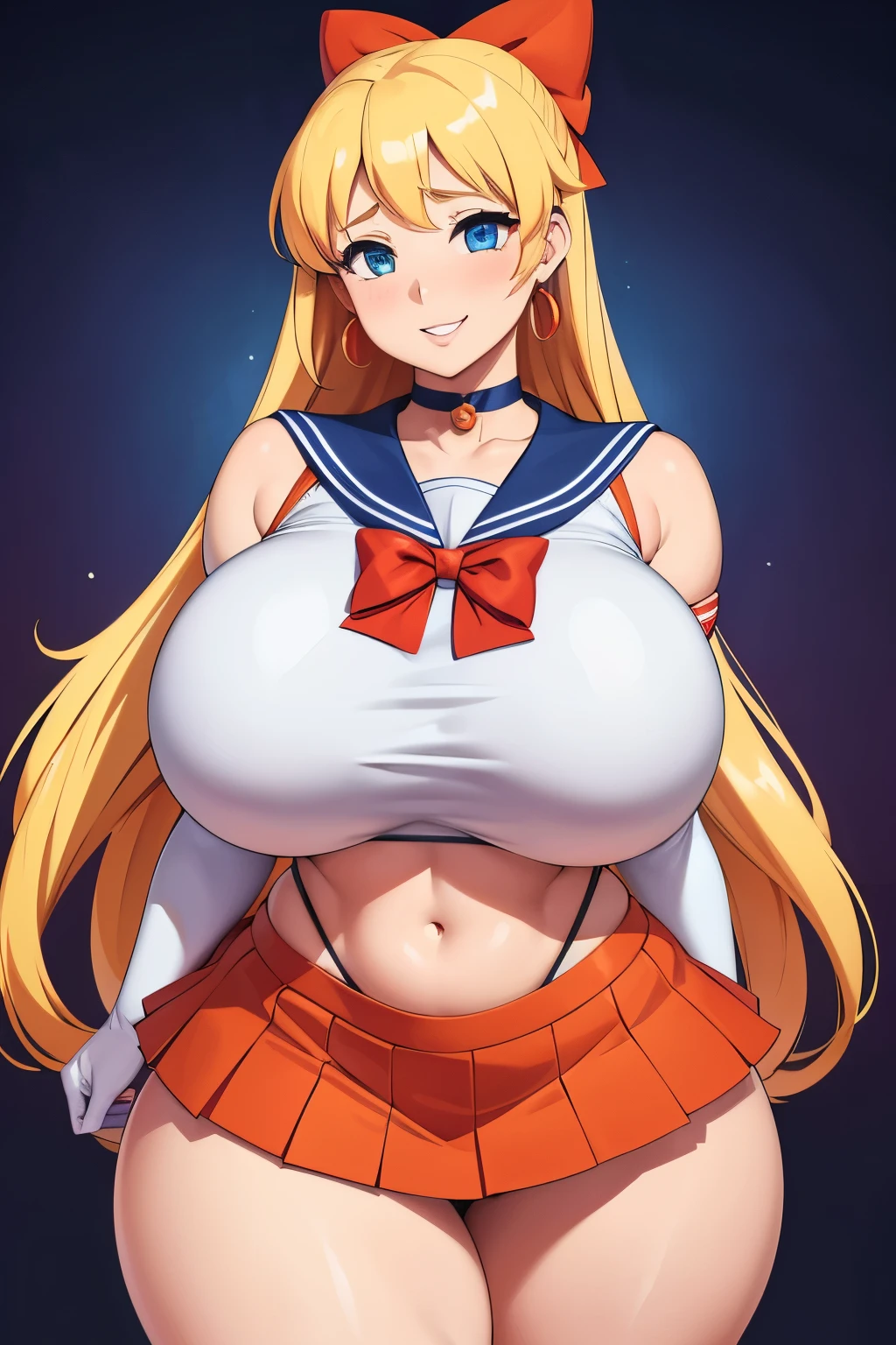 High resolution, beautiful detailed face, 1 girl, ((bimbo))), puffy lips, thick lips, erotic smile face, sexy face, blushing, wide hips, thick thighs, hourglass figure, enormous natural breasts, huge round ass, oily shiny skin, fishnet, emo, breasts bulge, sailorvenus, aino minako, Blonde hair, magical , Blue eyes, Orange Ultra Mini Skirt, Elbow length gloves, tiarra, Pleated skirt , Hair Bow, Orange Sailor Necklace, Choker, Red bow, orangechoker, White Gloves, Very long hair, Jewelry, earrings, Smile, Cowboy Shot, Sailor Senshi Uniform, Sailor collar, Pleated skirt, elbow gloves,