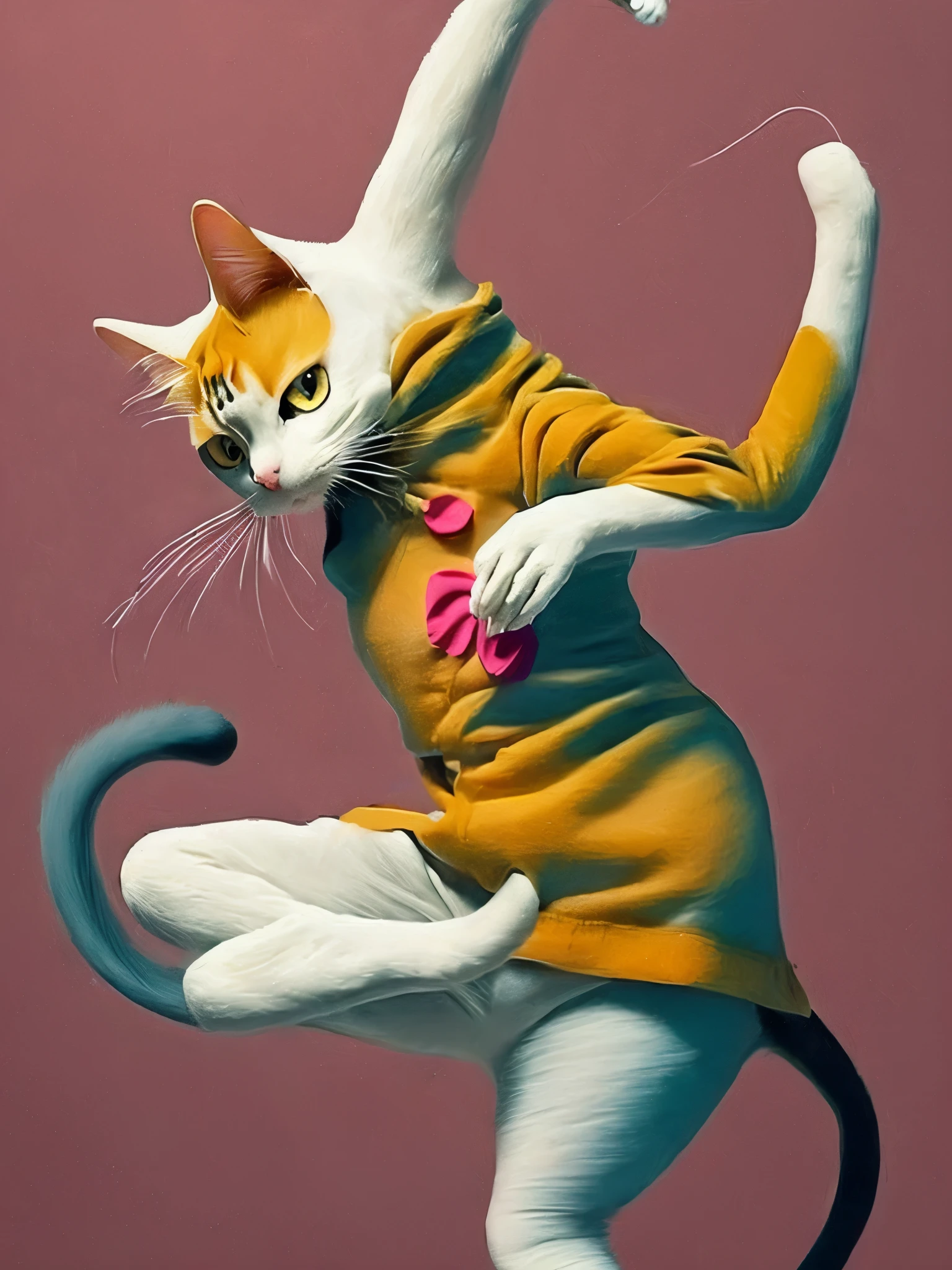 cat dancing like a human、Pose with movement、outstanding work of art、(A masterpiece of avant-garde art:1.6)