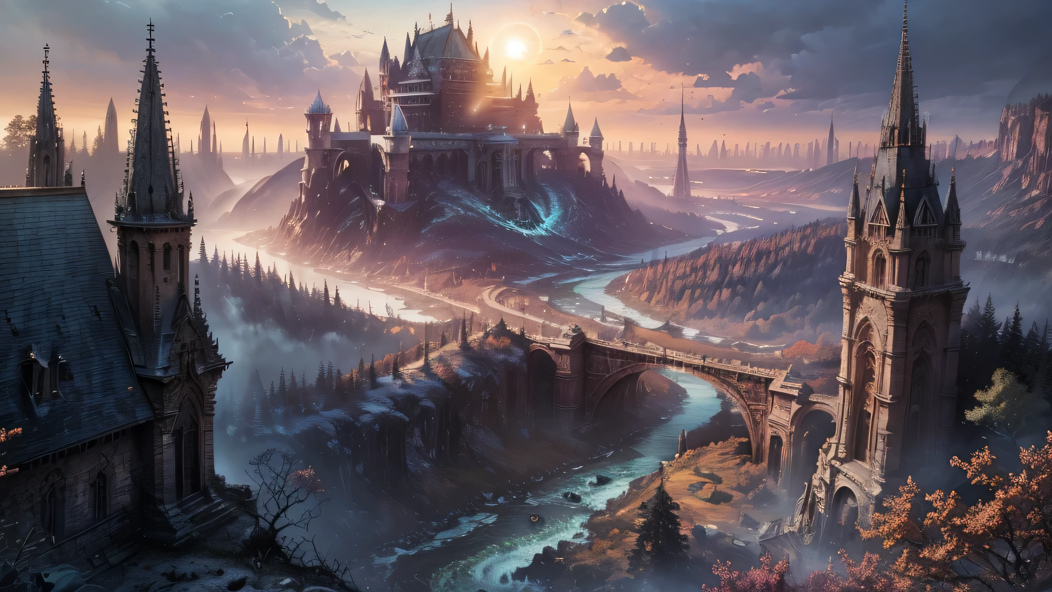 Bela paisagem exuberante, large buildings in ruins, huge ruined bridges, great castles in ruins, templos e colunas antigos e grandes, sky with dense clouds, sol, Lua, floresta com grande, colorful trees, cachoeiras, lindo rio com pedras, campo de profundidade, global illumination, hiper-realista, Efeito vidro quebrado, sem fundo, splendid, algo que nem existe, Being mythical, energia, molecular, Texturas, iridescente e luminescente, breathtaking beauty, pure perfection, Divine Presence, unforgettable, Impressionante, breathtaking beauty, volumetric light, auras, raios, cores vivas refletemlight, auras, raios, cores vivas refletem, aquarela, oil color, trends on artstation, sharp focus, studio photo, detalhes intrincados, altamente detalhado,