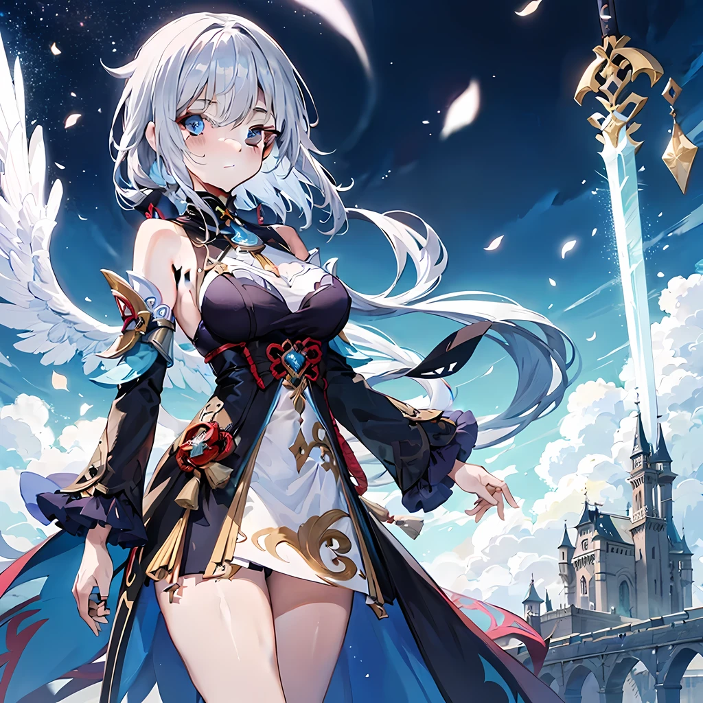 Anime girl with long silver hair, Wearing a strapless dark blue dress, Stand in front of a castle, beautiful angel swordsman, come from《Genshin》style image.