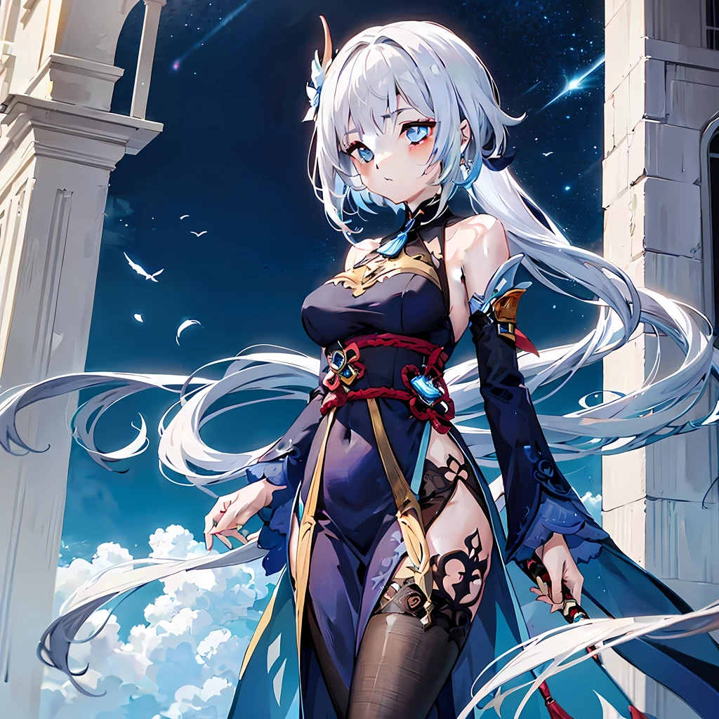 Anime girl with long silver hair, Wearing a strapless dark blue dress, Stand in front of a castle, beautiful angel swordsman, come from《Genshin》style image.