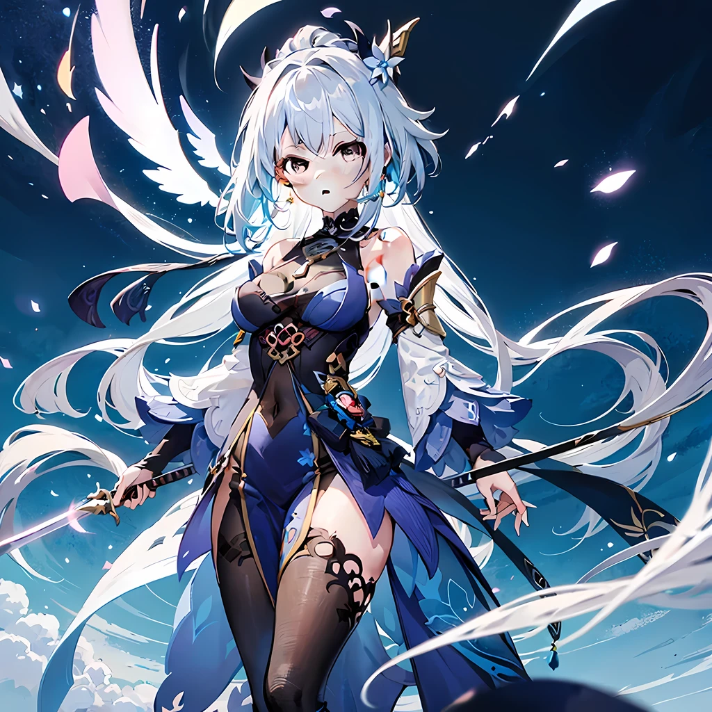 Anime girl with long silver hair, Wearing a strapless dark blue dress, Stand in front of a castle, beautiful angel swordsman, come from《Genshin》style image.