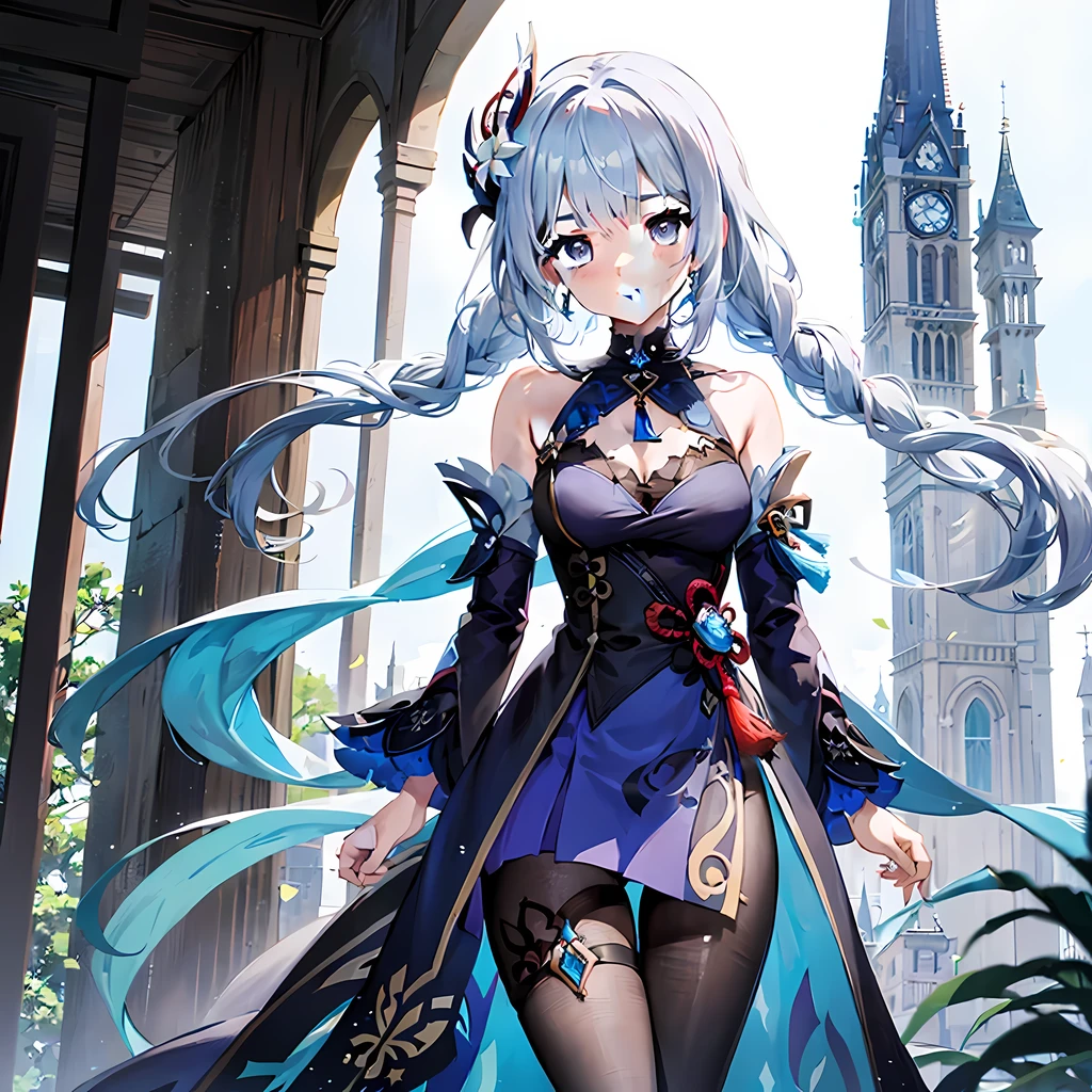 Anime girl with long silver hair, Wearing a strapless dark blue dress, Stand in front of a castle, beautiful angel swordsman, come from《Genshin》style image.