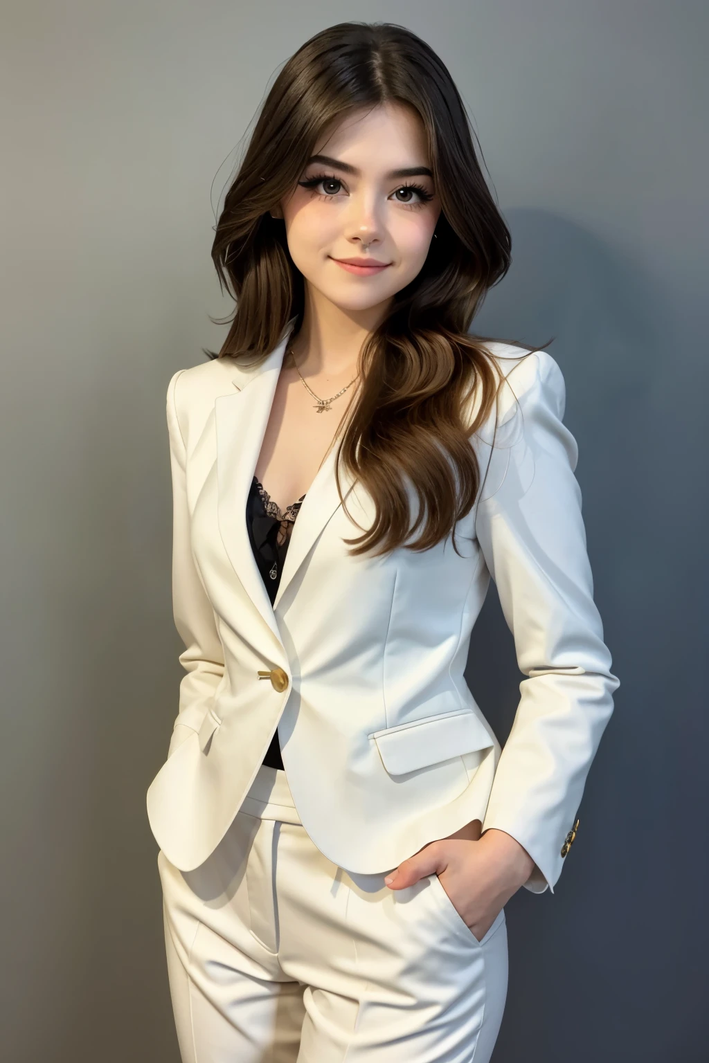 25years old beautiful-looking girl little smile,  suit ,(( one standing Celeste Verona looking at camera)), simple one colour background