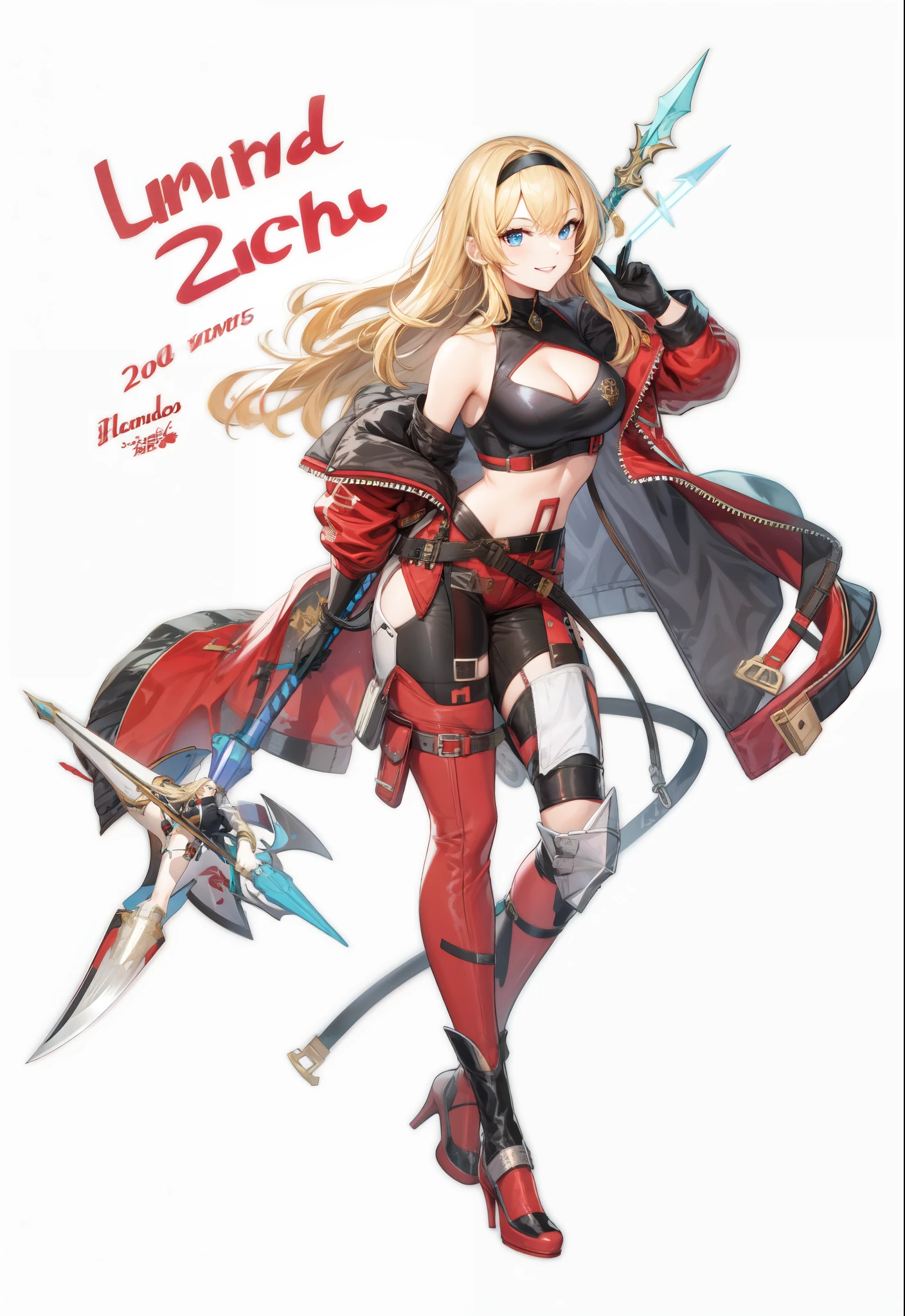 smirk, smile, belt, black belt, black hairband, blonde hair, blue eyes, cleavage, cleavage cutout, clothing cutout, crop top, gloves, hair intakes, hairband, high heels, holding polearm, jacket, long hair, midriff, red jacket, spear 