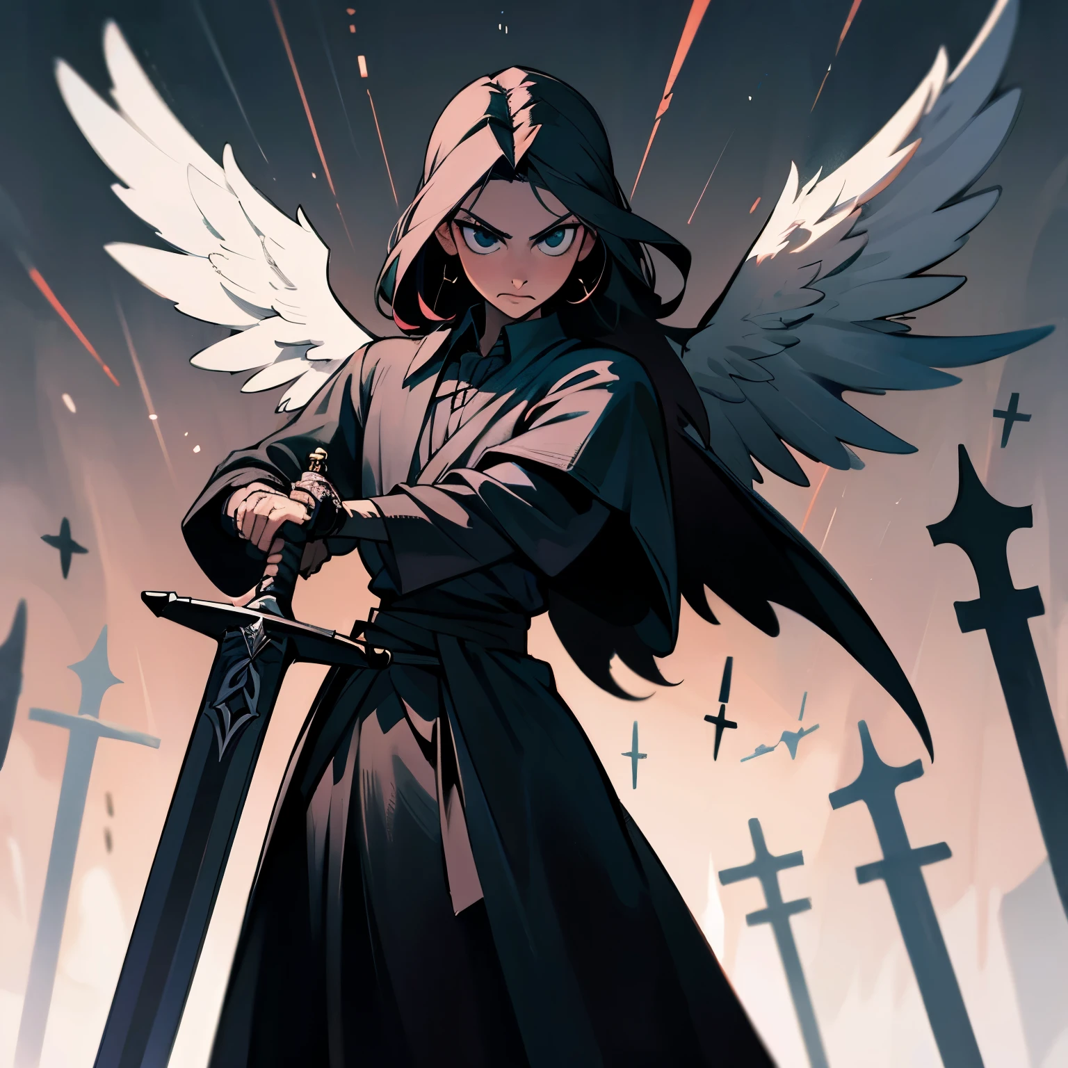 man, the angel of death, long black sword in hand, 6 wings