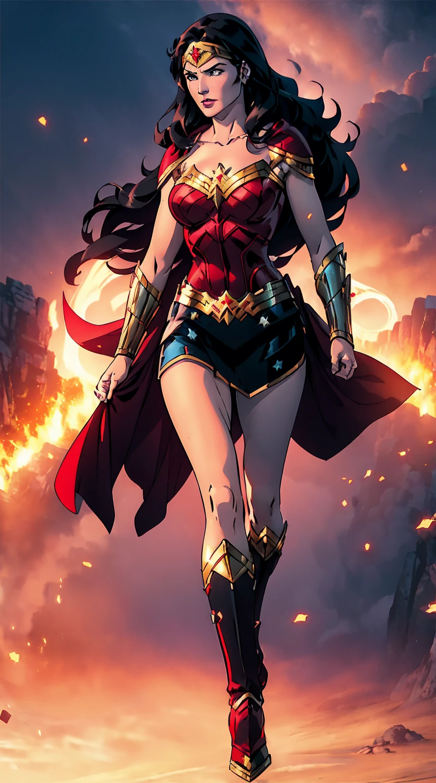 (((full body photo))) 1 woman, solo, Diana Prince (Wonder Woman), mommy, strong, breast, upper body shot, ((black and red colors armor)), skycrapers, ((masterpiece)), female focus, long hair, black hair, flowing hair, face focus, soft smile, Lasso hanging on the waist, tiara