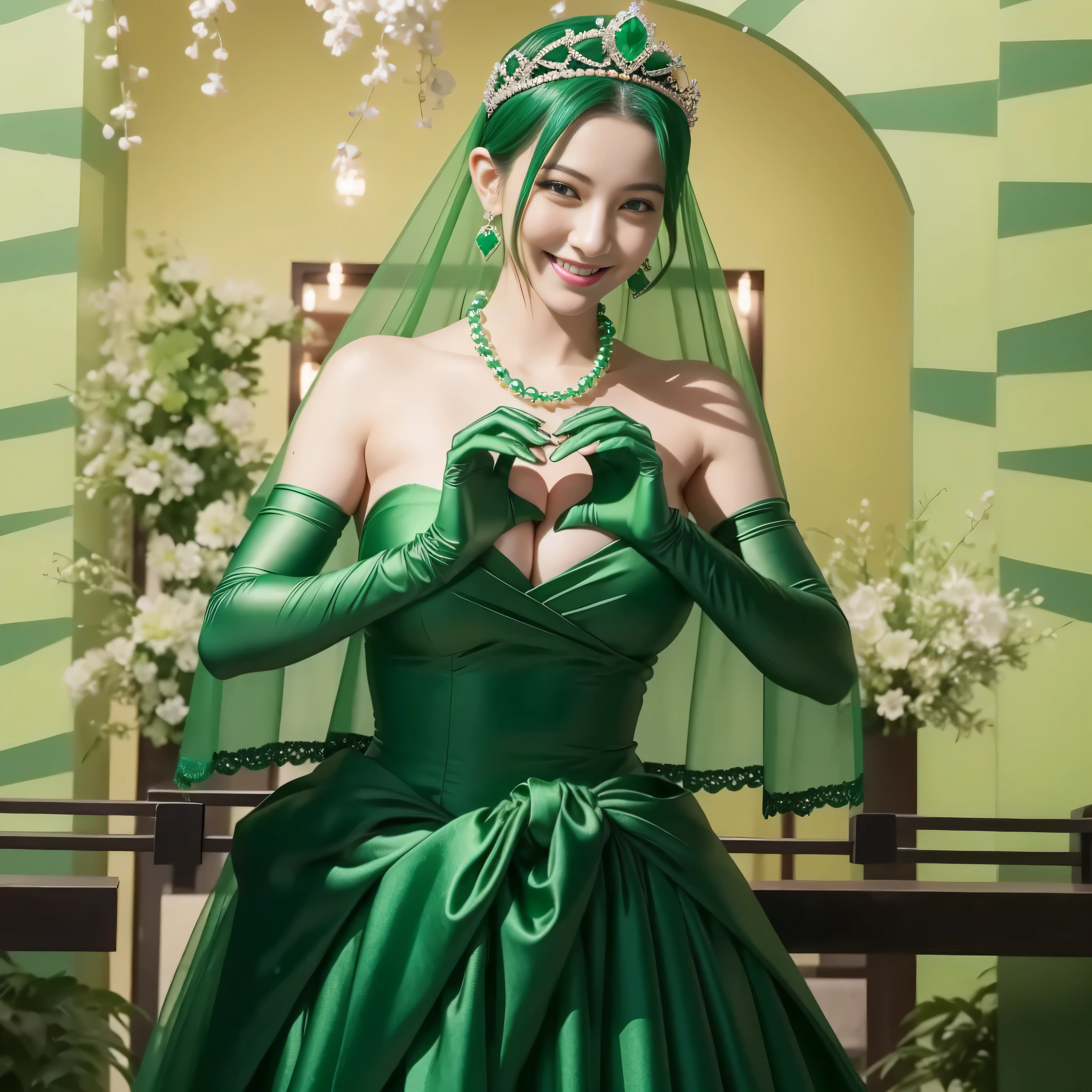 emerald tiara, green pearl necklace, ボーイッシュな非常に短いgreen hair, lipstick, Smiling woman in her 30s, very short hair,  Beauty with large breasts, green eyes, Long Green Satin Gloves, green eyes, emerald earrings, green veil, heart with both hands, green hair, Beautiful woman in her 30s, heart shaped hand:1.3