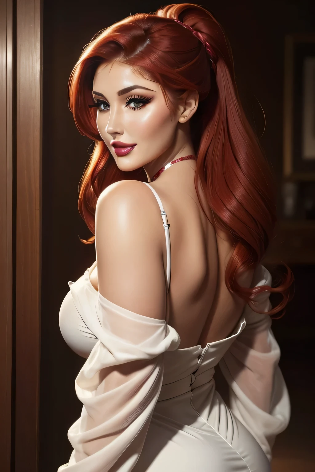 Lucy Pinder, retrato de rosto e corpo, ((Maquiagem muito intensa)), ((batom brilhante)), She's from the front, sorridente, Cabelo longo, cabelo vermelho, cabelo amarrado em um chignon, mulher voluptuosa, vestido off-the-shoulder, classic dressed, Decote, voltar, beautiful buttocks, face