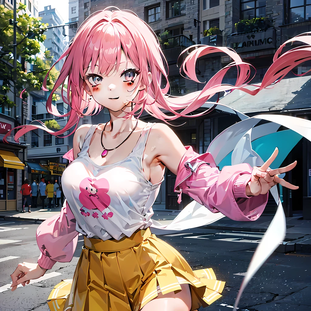 best quality, ultra high resolution, (fidelity: 1.4), Surrealism, 1 girl, looking at the audience, smiling, Lovely, whole body, street, outdoor, Upper body white transparent T-shirt, Pink loose C cup, The lower body is a beige butt-revealing short skirt, Soft skin, Cute and charming round face, Very detailed, exquisite collarbone, sapphire necklace, charming figure